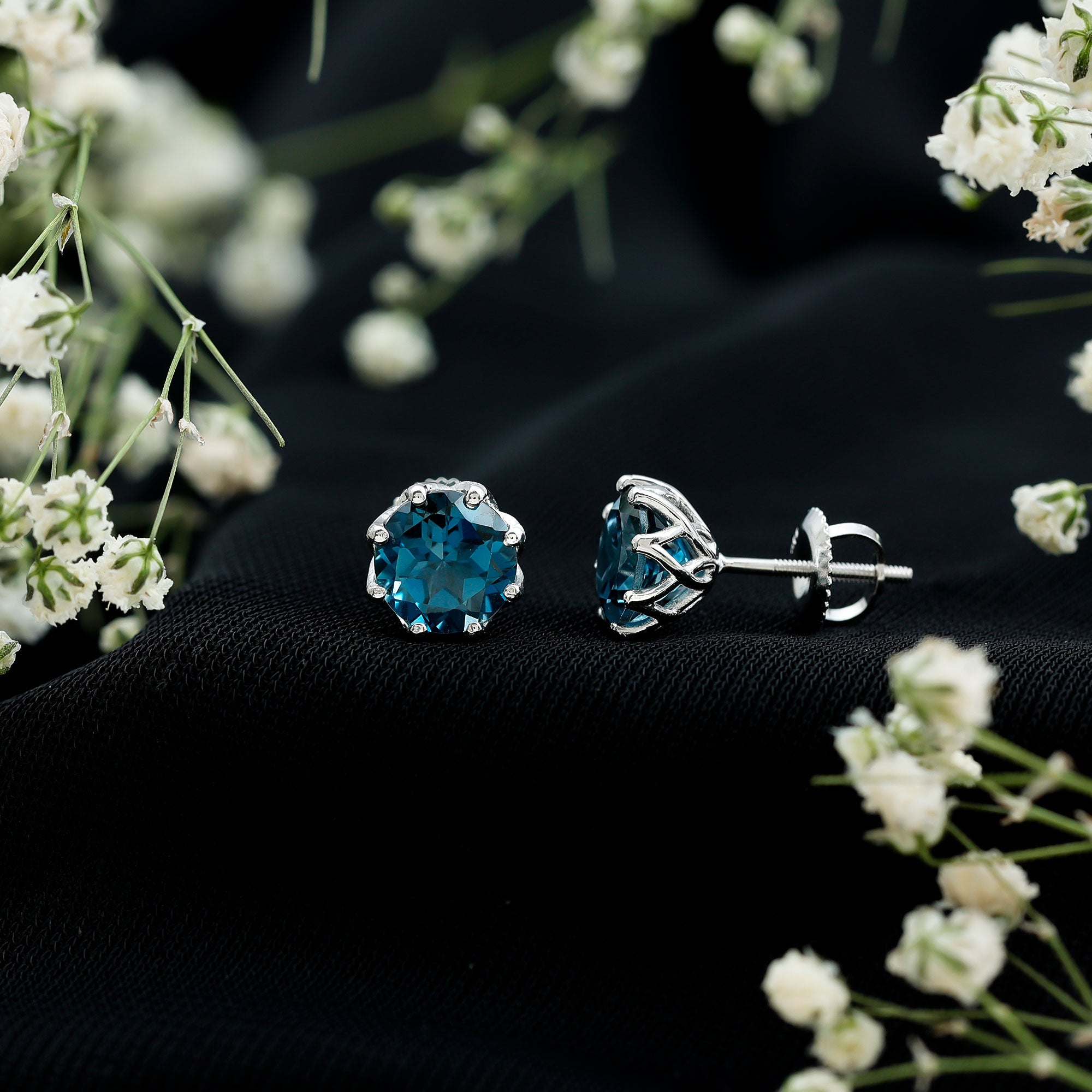 Genuine 7MM London Blue Topaz Solitaire Stud Earrings With Certificate AAA - Rosec Jewels