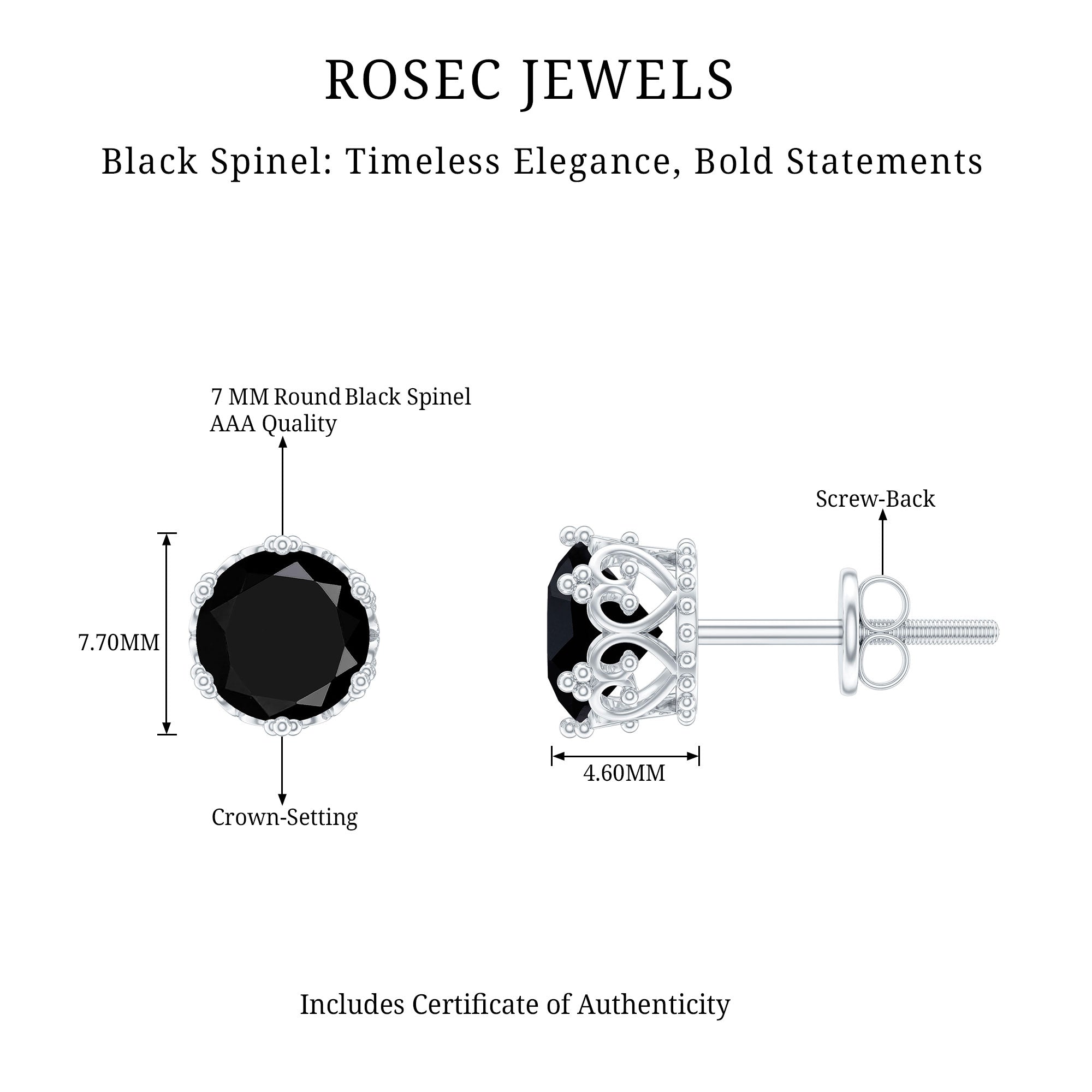 3 Carat Genuine Black Spinel Crown Stud Earrings AAA - Rosec Jewels