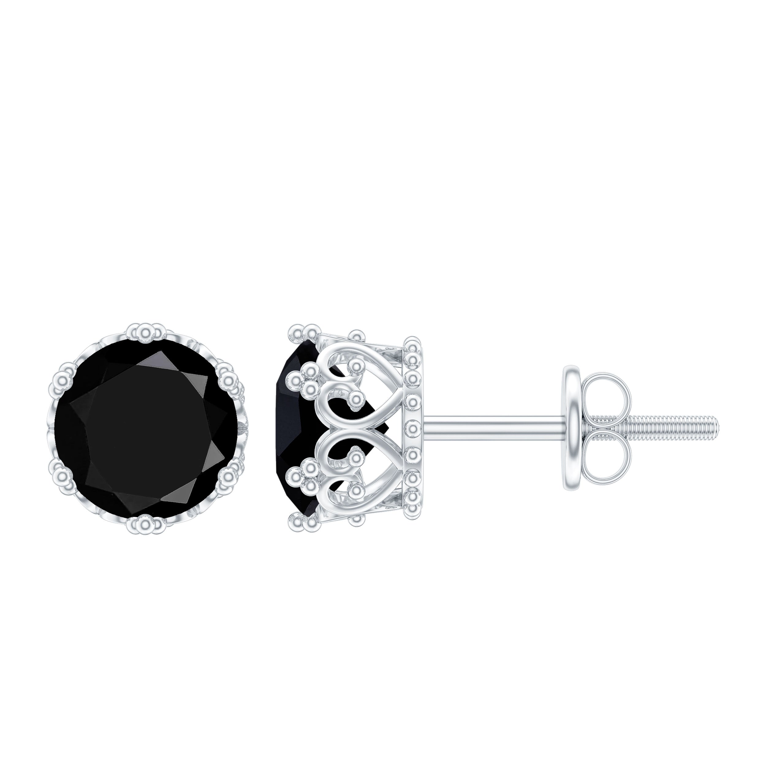 Genuine Black Onyx Crown Stud Earrings with Screw Back AAA - Rosec Jewels