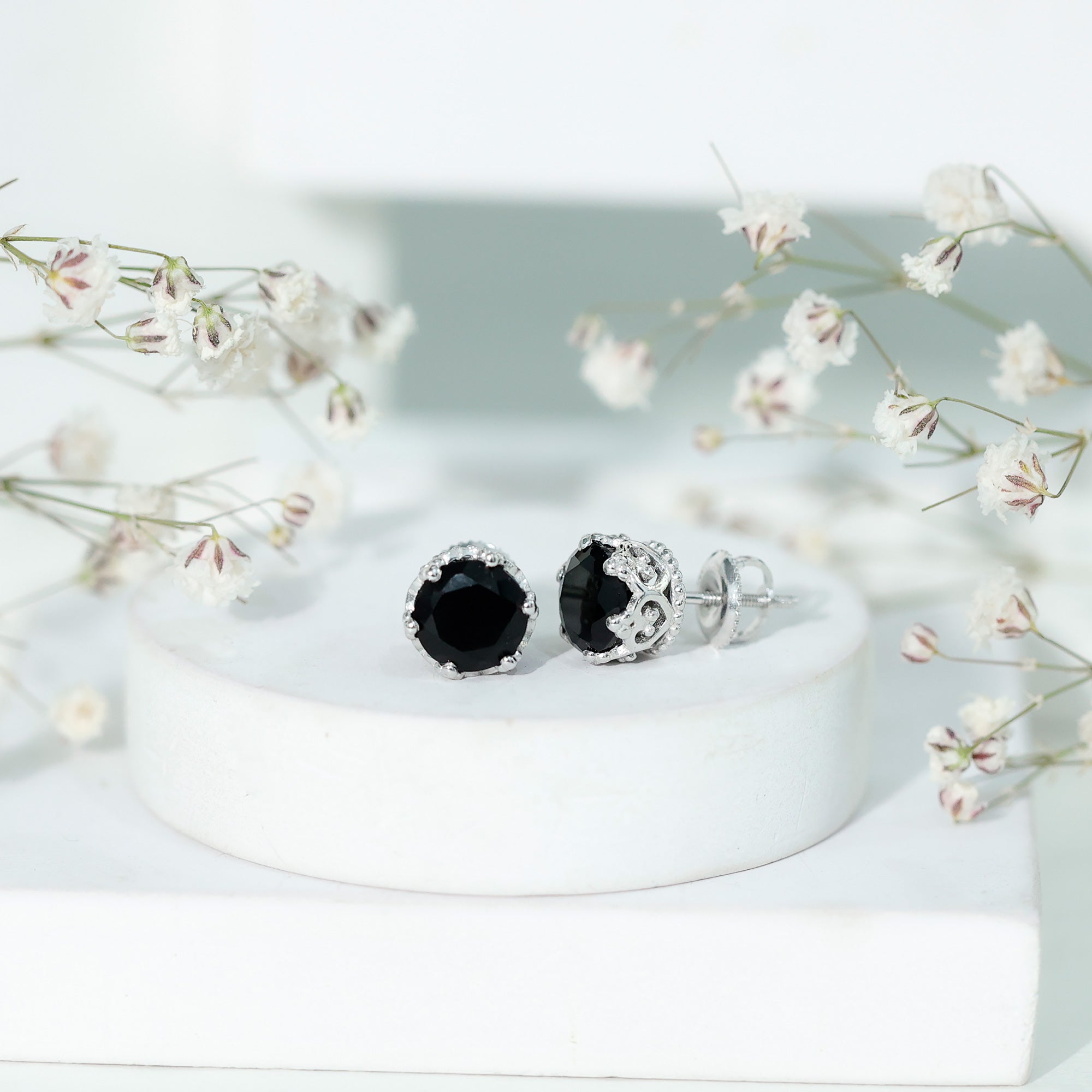 Genuine Black Onyx Crown Stud Earrings with Screw Back AAA - Rosec Jewels
