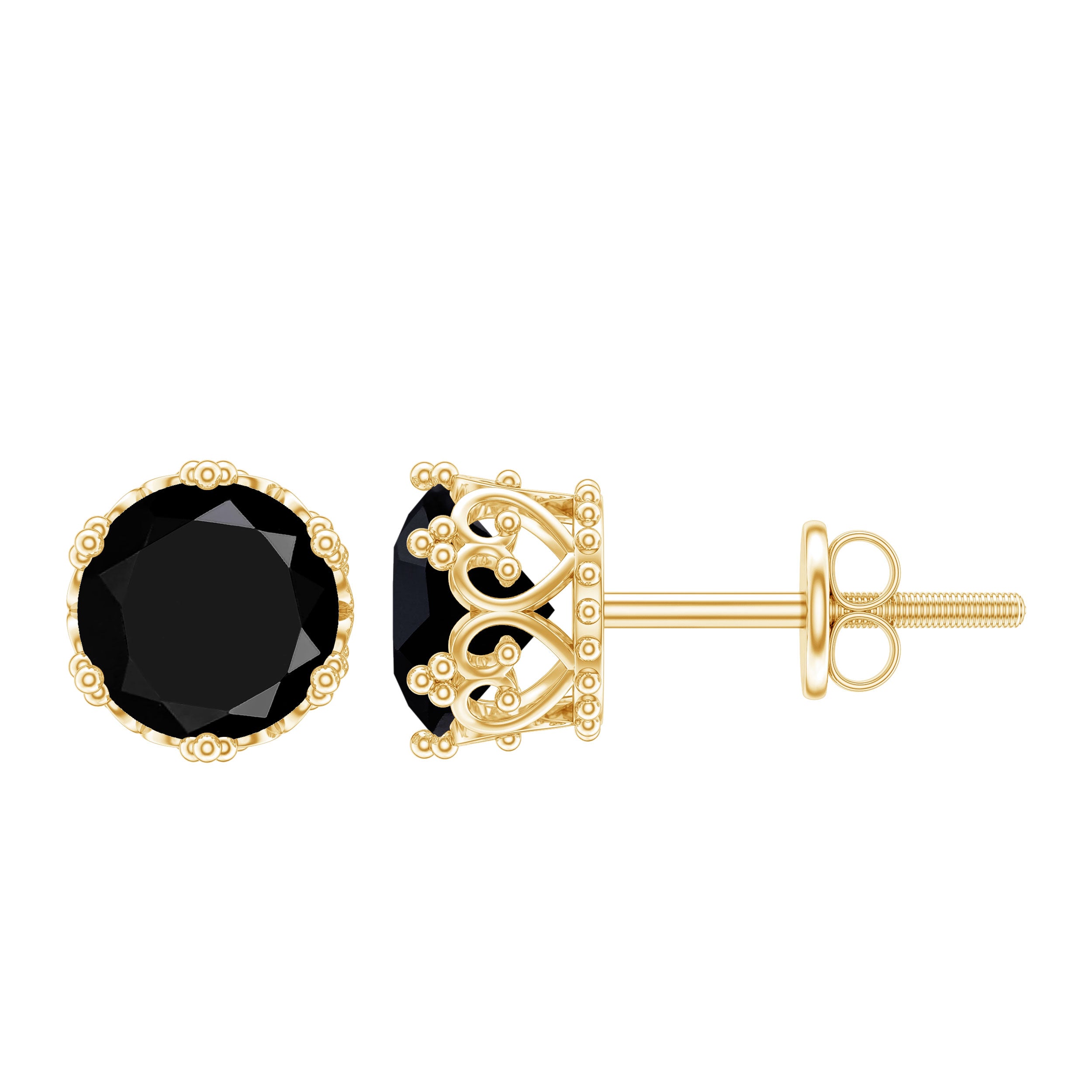 Genuine Black Onyx Crown Stud Earrings with Screw Back AAA - Rosec Jewels