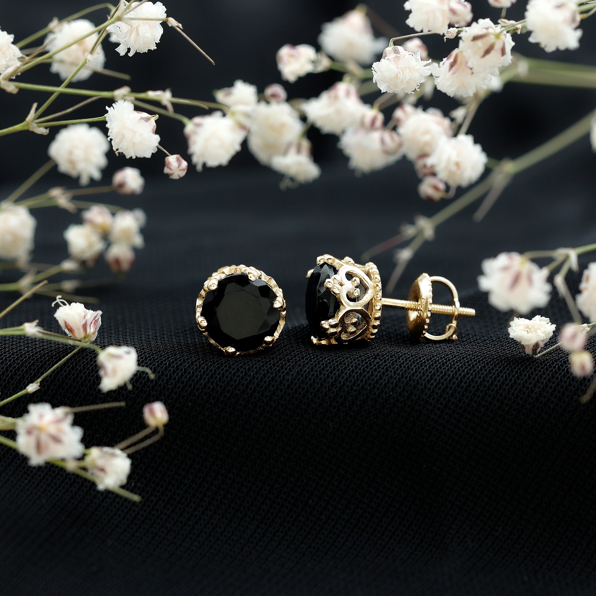 Genuine Black Onyx Crown Stud Earrings with Screw Back AAA - Rosec Jewels