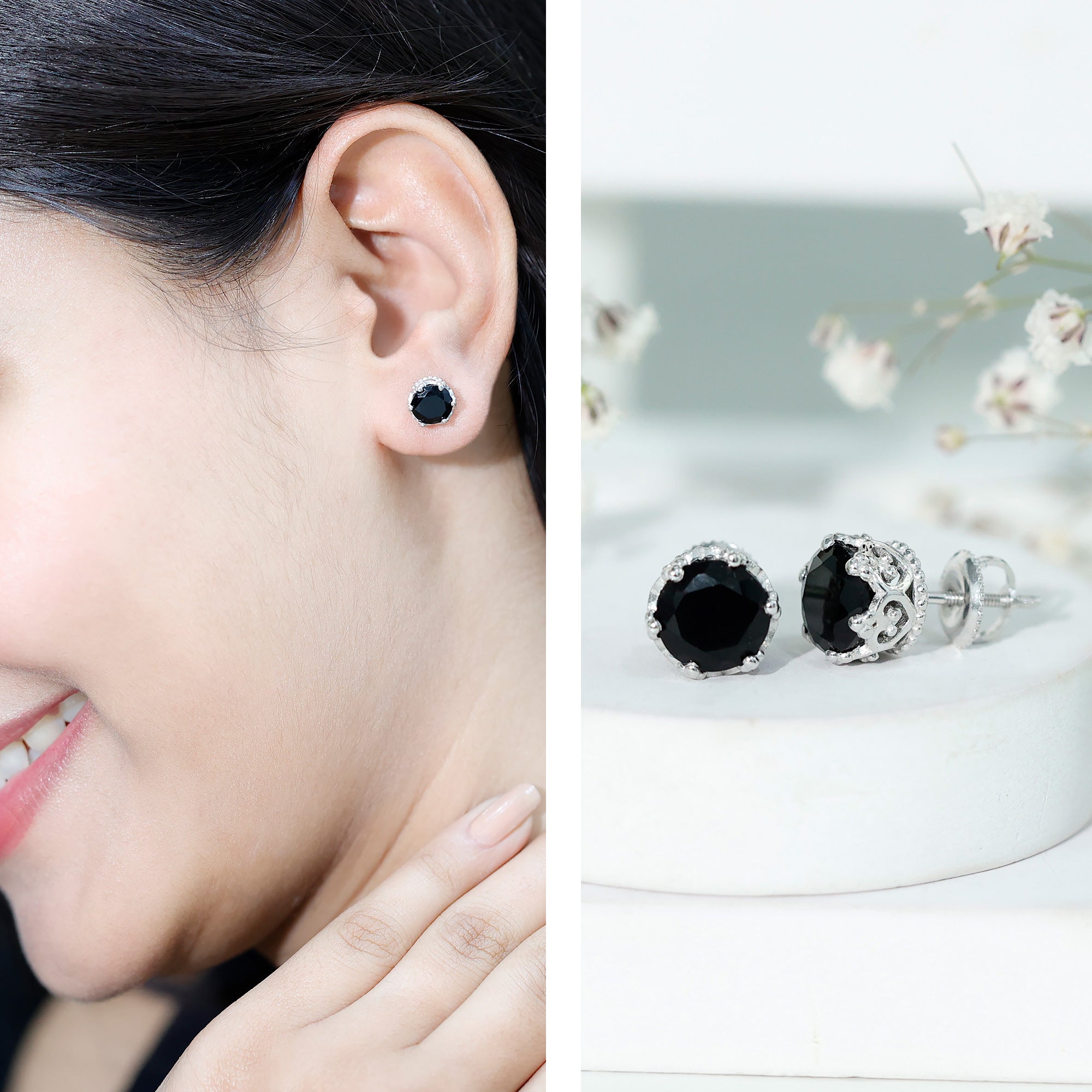 Vintage Lab Created Black Diamond Stud Earrings For Women AAAA ( Synthetic ) - Rosec Jewels