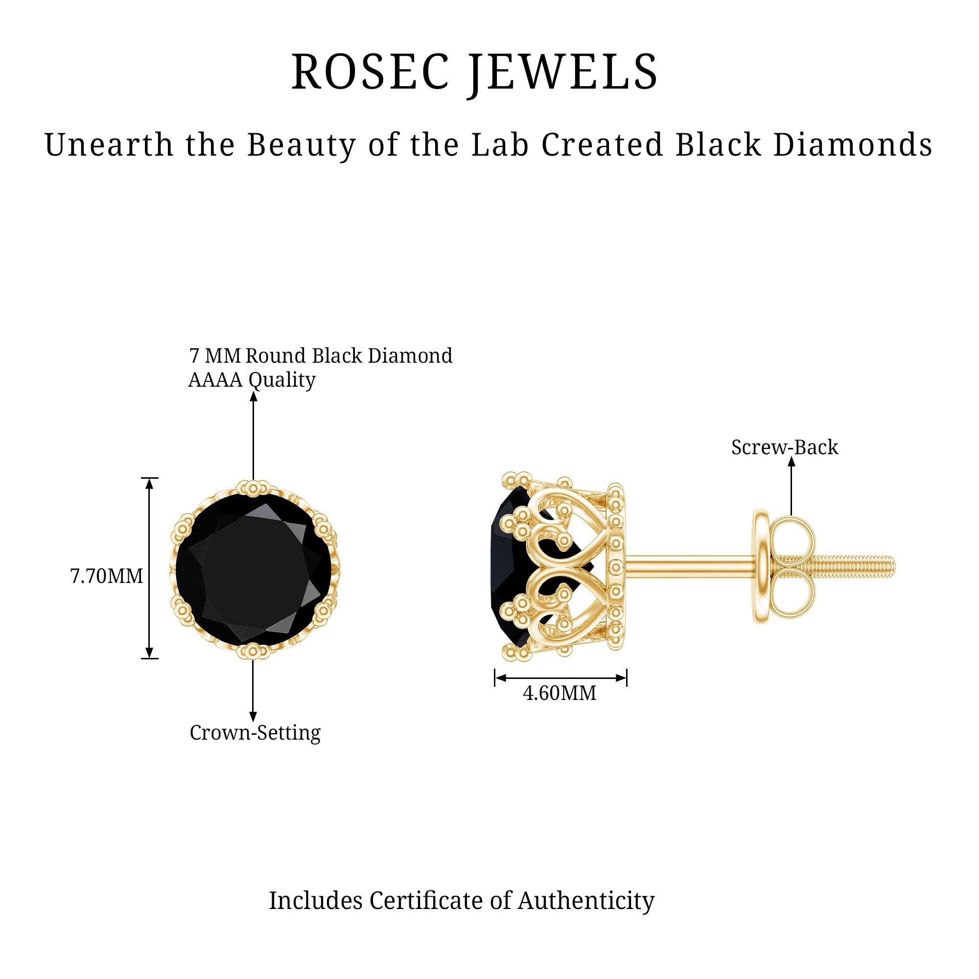 Vintage Lab Created Black Diamond Stud Earrings For Women AAAA ( Synthetic ) - Rosec Jewels