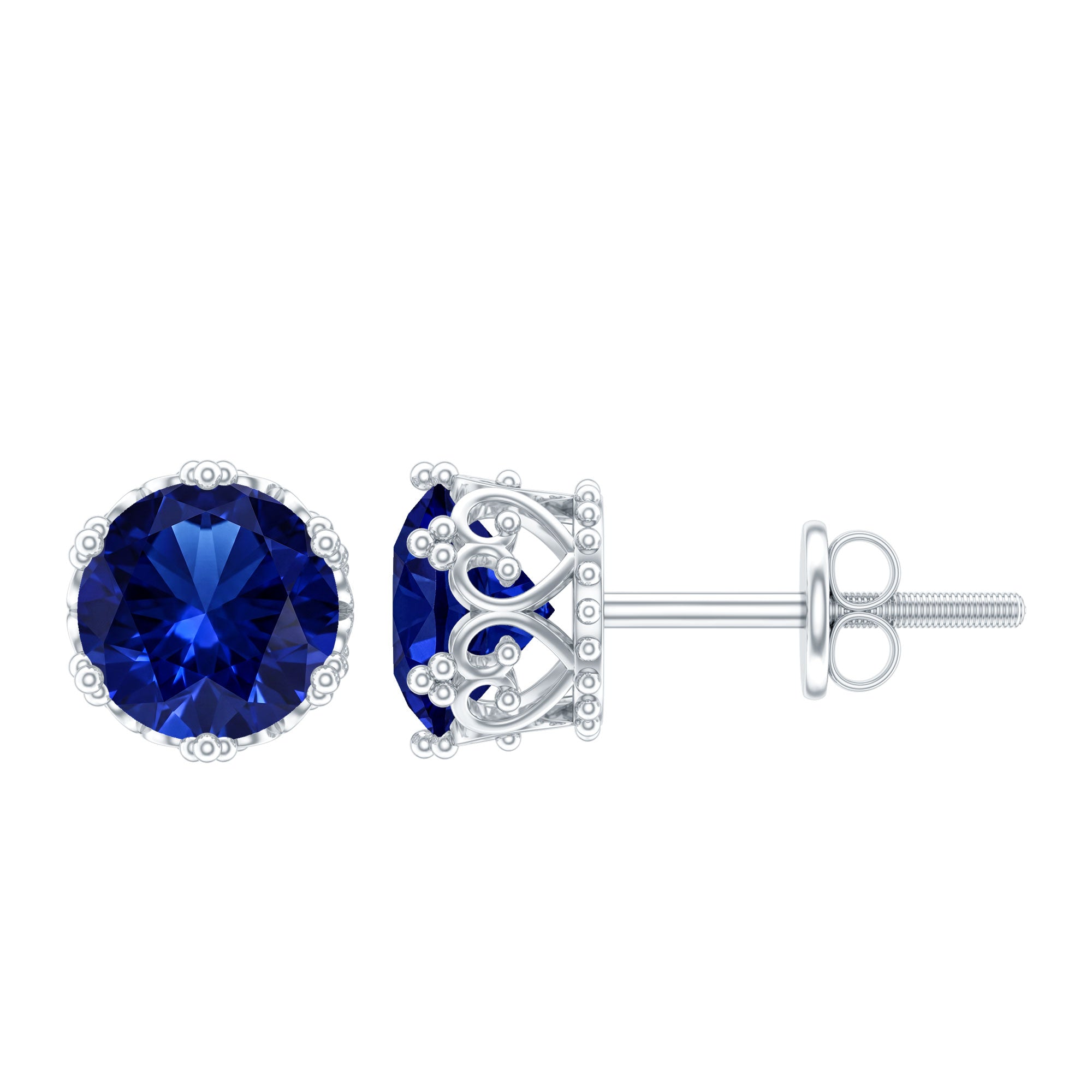 2 Carat Solitaire Lab Created Blue Sapphire Crown Stud Earrings AAAA - Rosec Jewels