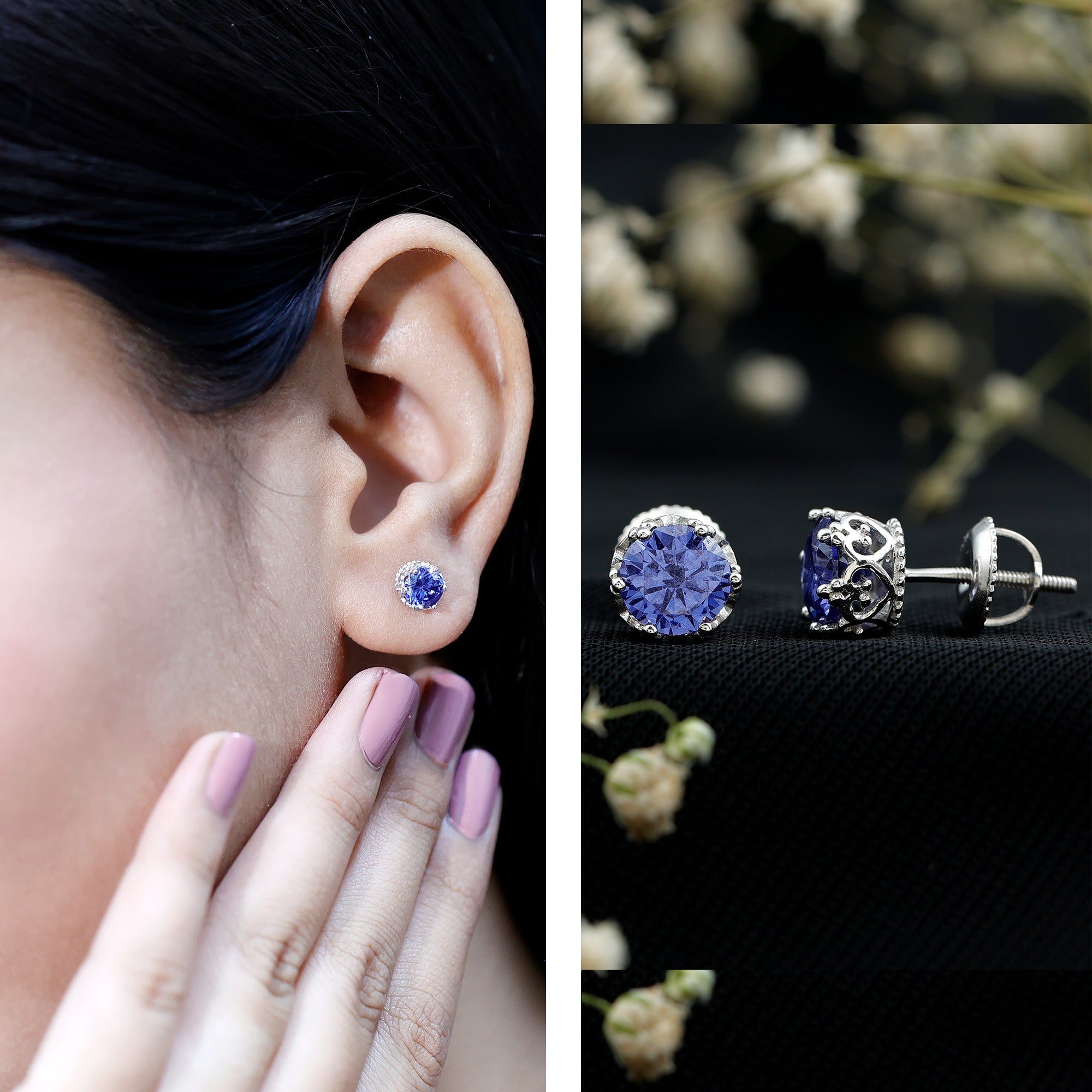 2 Carat Solitaire Lab Created Blue Sapphire Crown Stud Earrings AAAA - Rosec Jewels