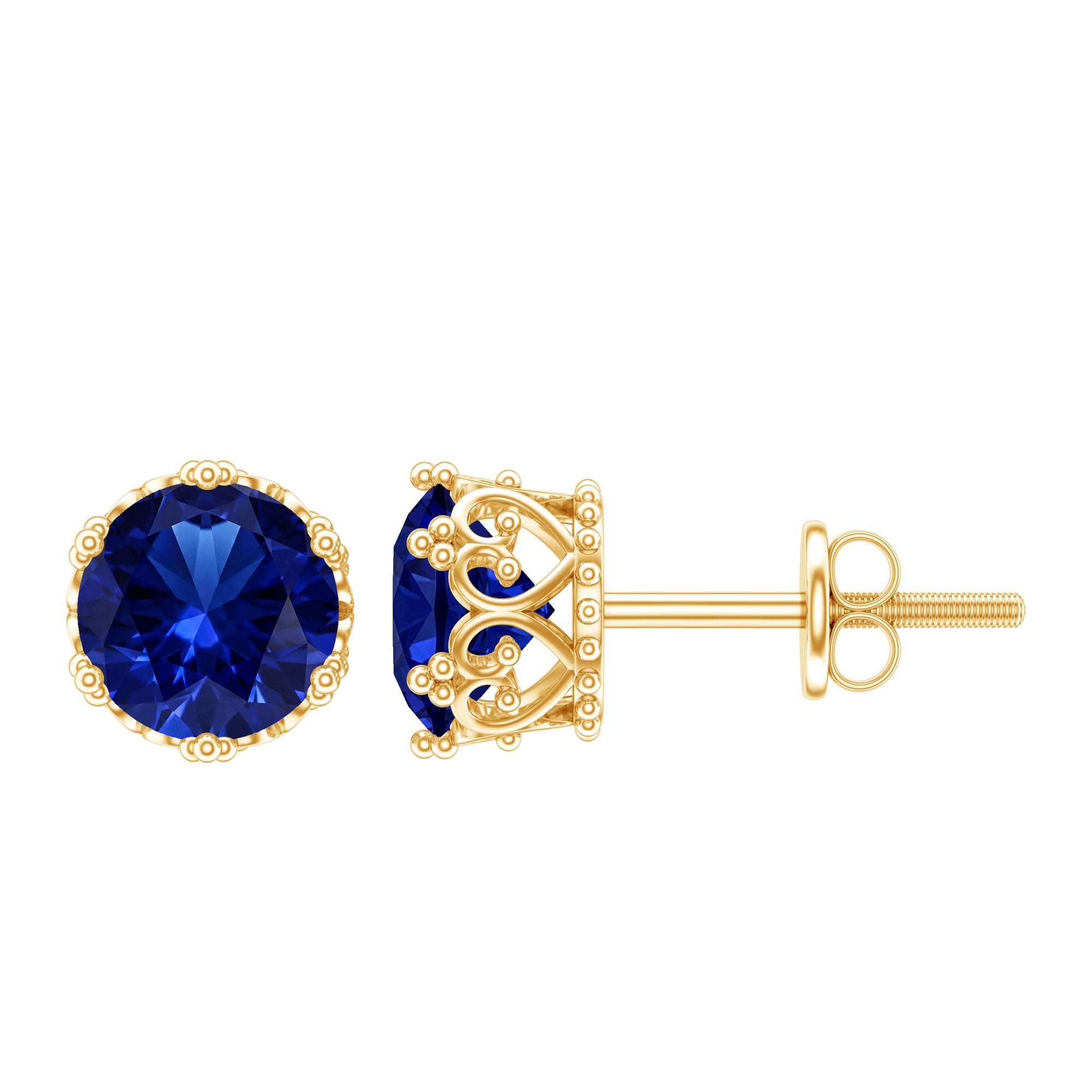 2 Carat Solitaire Lab Created Blue Sapphire Crown Stud Earrings AAAA - Rosec Jewels