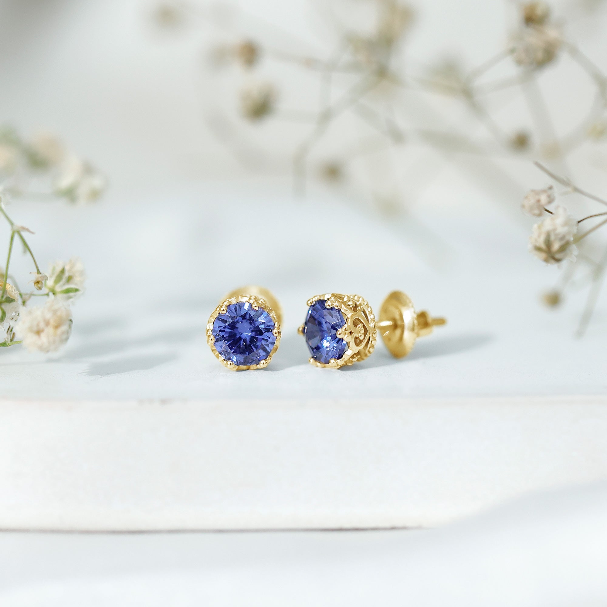 2 Carat Solitaire Lab Created Blue Sapphire Crown Stud Earrings AAAA - Rosec Jewels