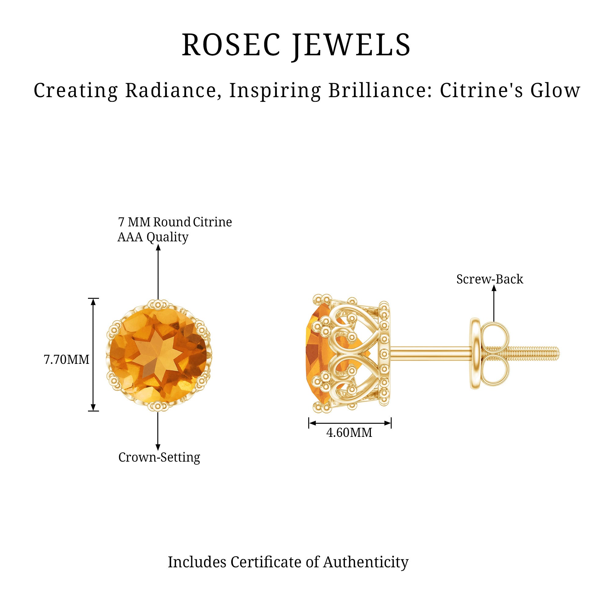 Certified Real 2.4 Carat Citrine Crown Earrings with Screw Back AAA - Rosec Jewels