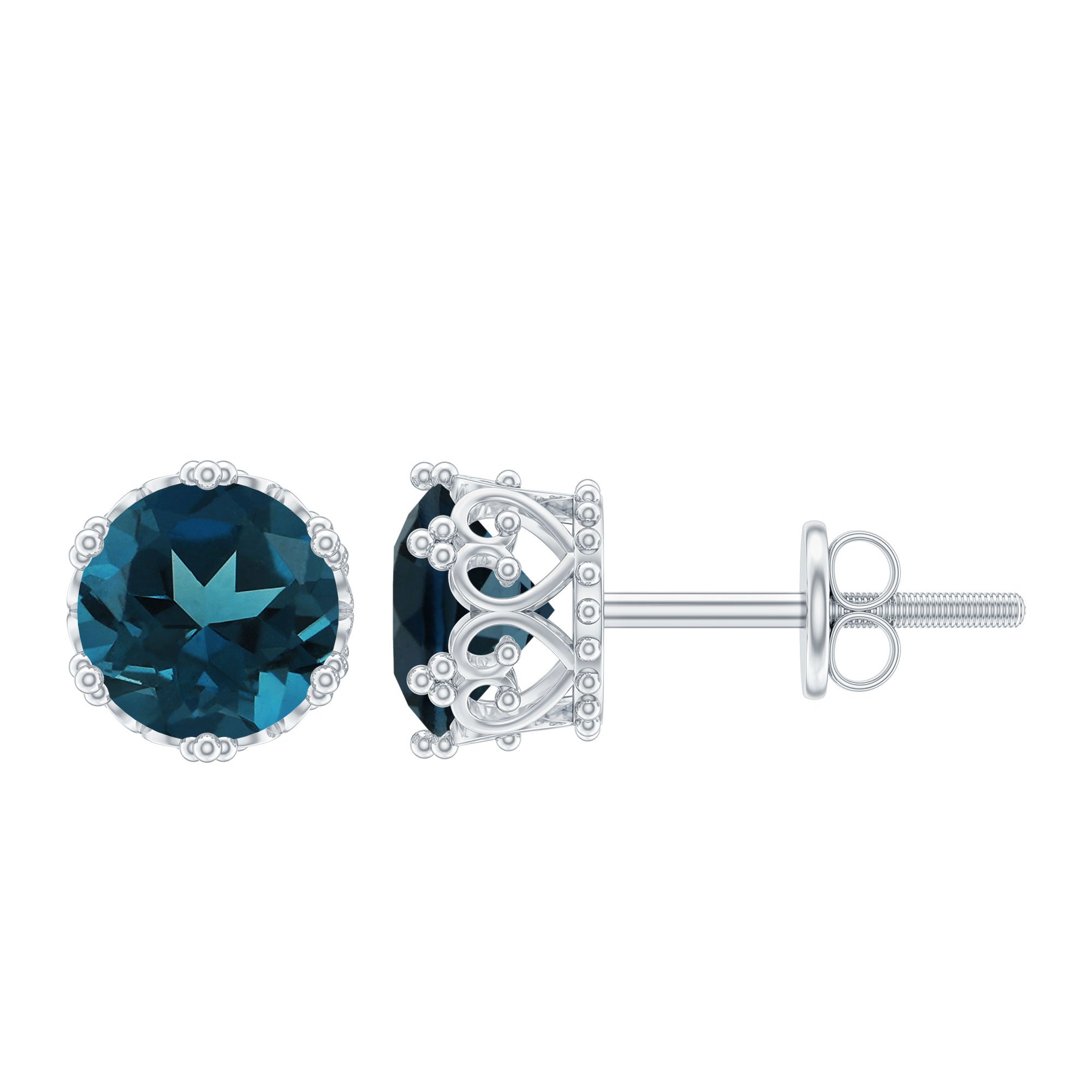 2.7 Carat Round Cut London Blue Topaz Crown Stud Earrings AAA - Rosec Jewels