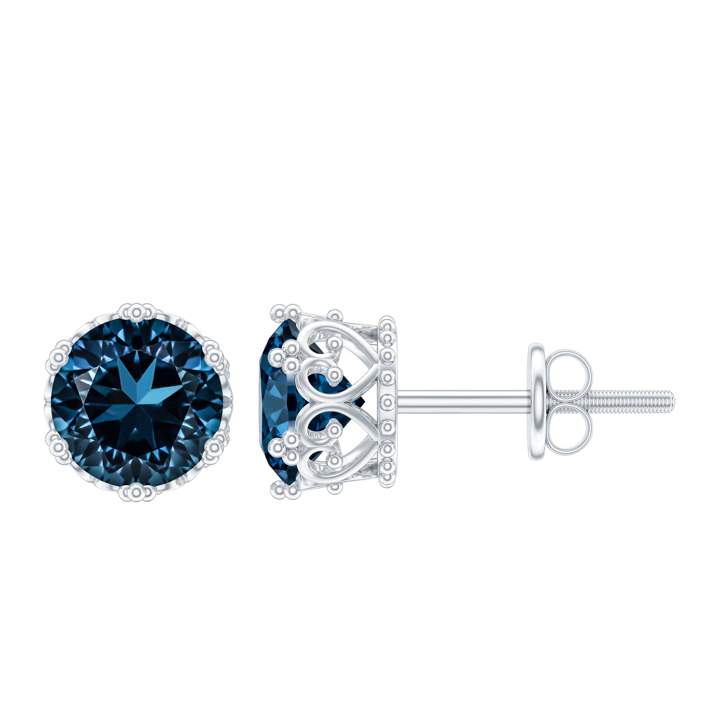 2.7 Carat Round Cut London Blue Topaz Crown Stud Earrings AAA - Rosec Jewels