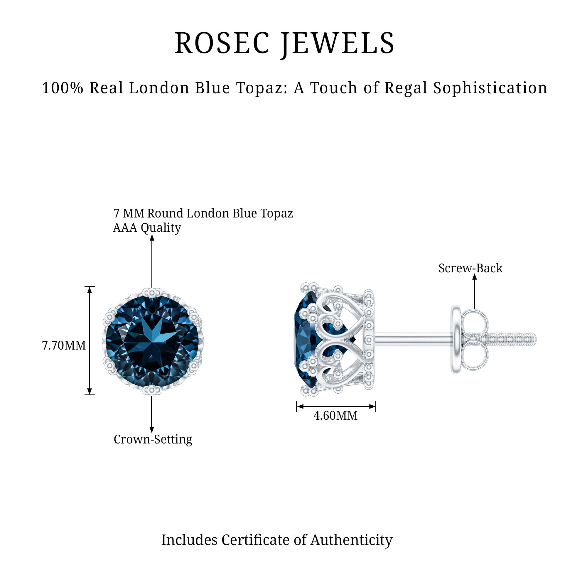 2.7 Carat Round Cut London Blue Topaz Crown Stud Earrings AAA - Rosec Jewels