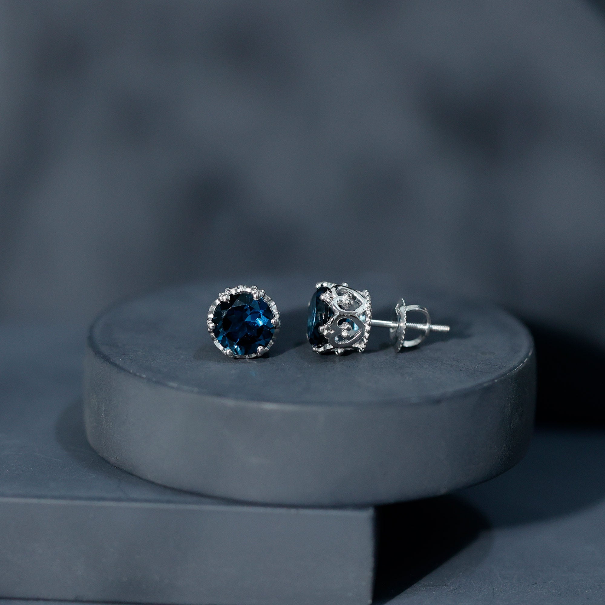 2.7 Carat Round Cut London Blue Topaz Crown Stud Earrings AAA - Rosec Jewels