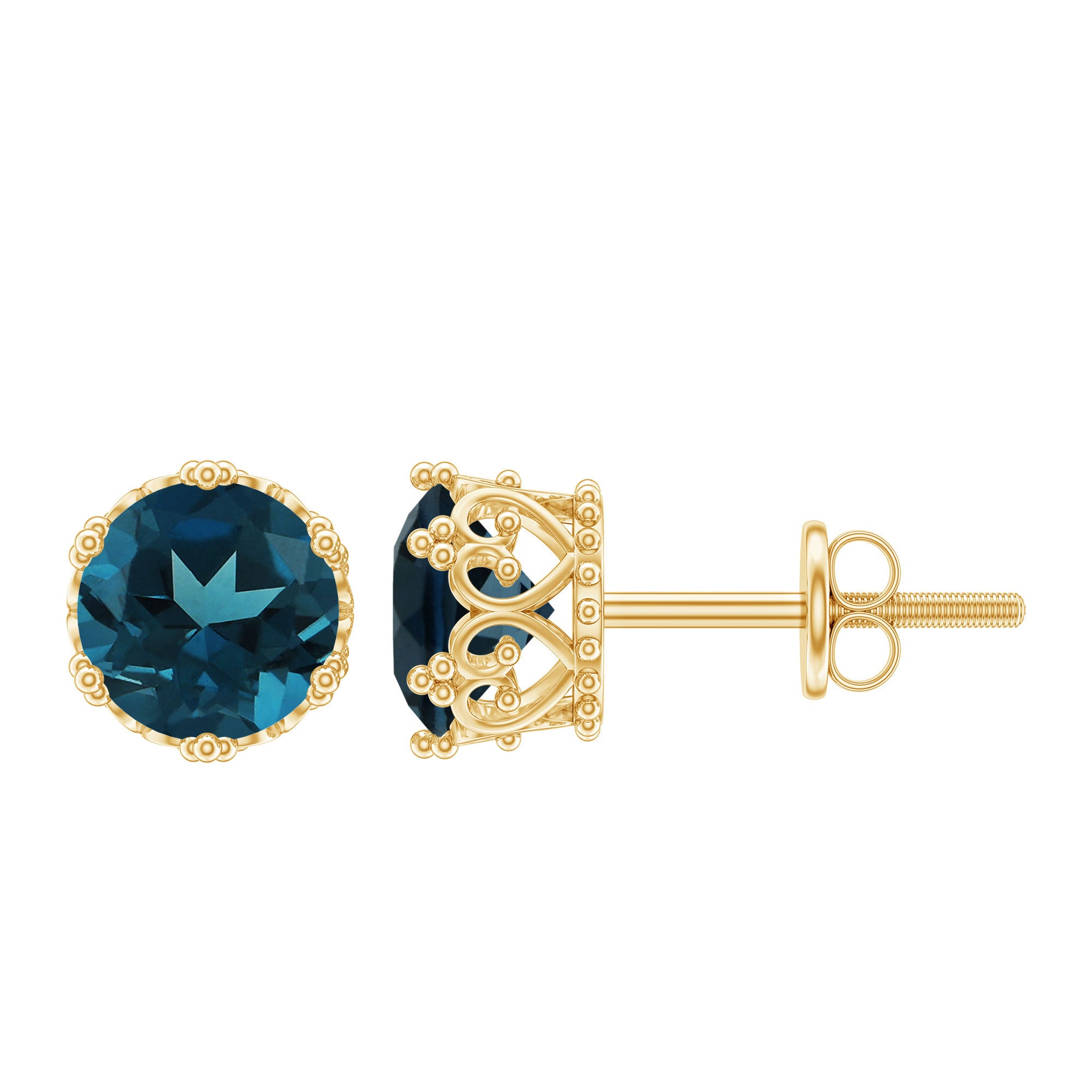 2.7 Carat Round Cut London Blue Topaz Crown Stud Earrings AAA - Rosec Jewels