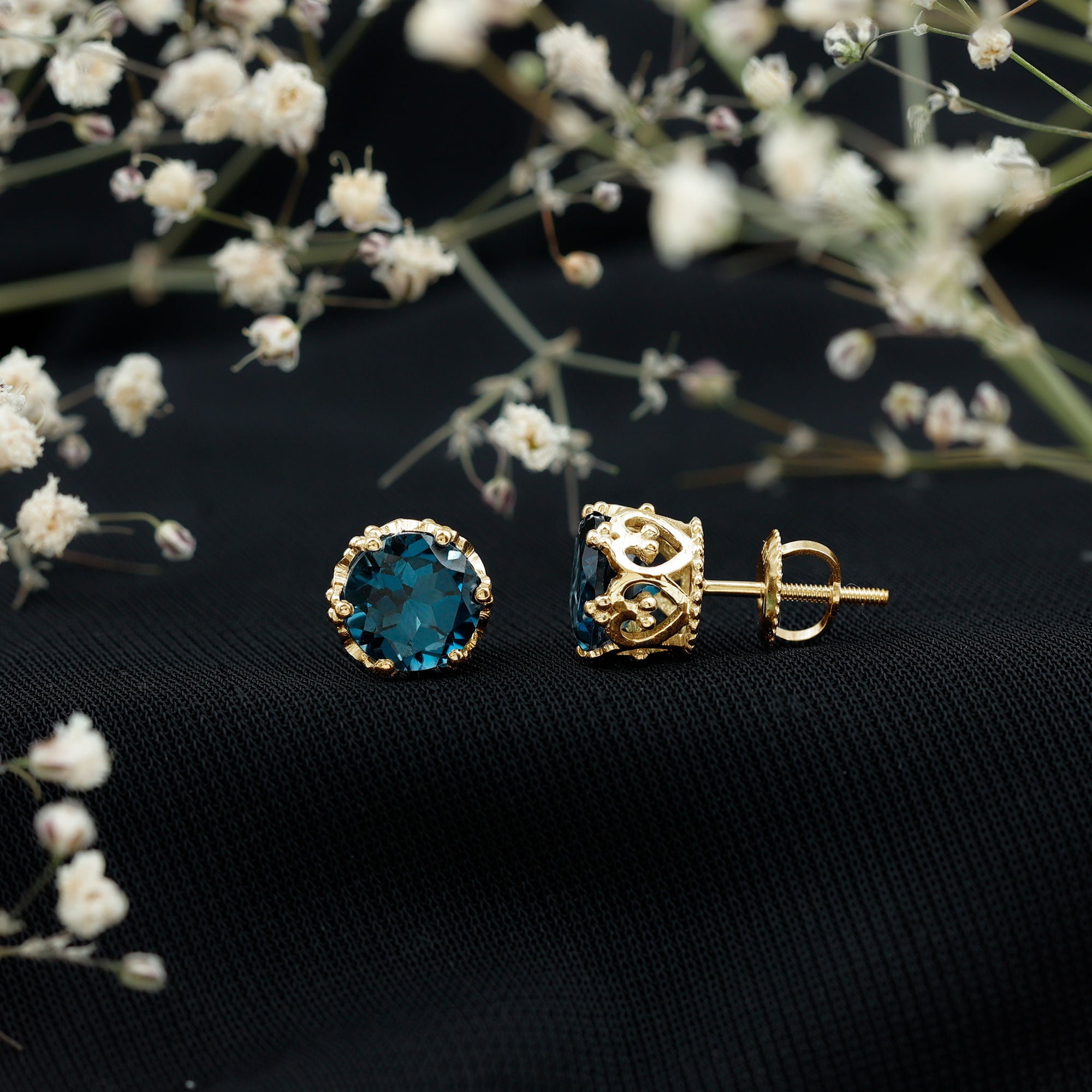 2.7 Carat Round Cut London Blue Topaz Crown Stud Earrings AAA - Rosec Jewels