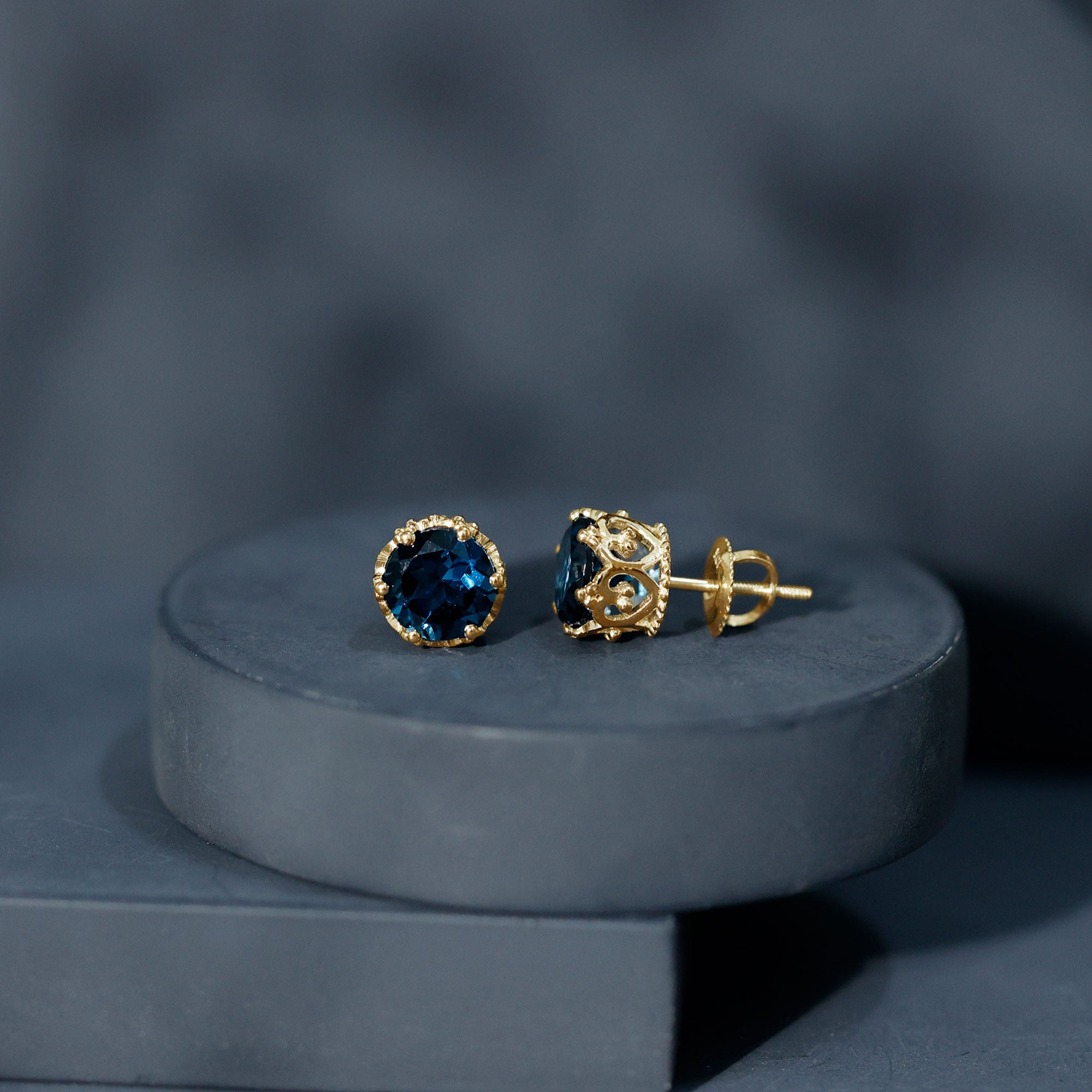 2.7 Carat Round Cut London Blue Topaz Crown Stud Earrings AAA - Rosec Jewels