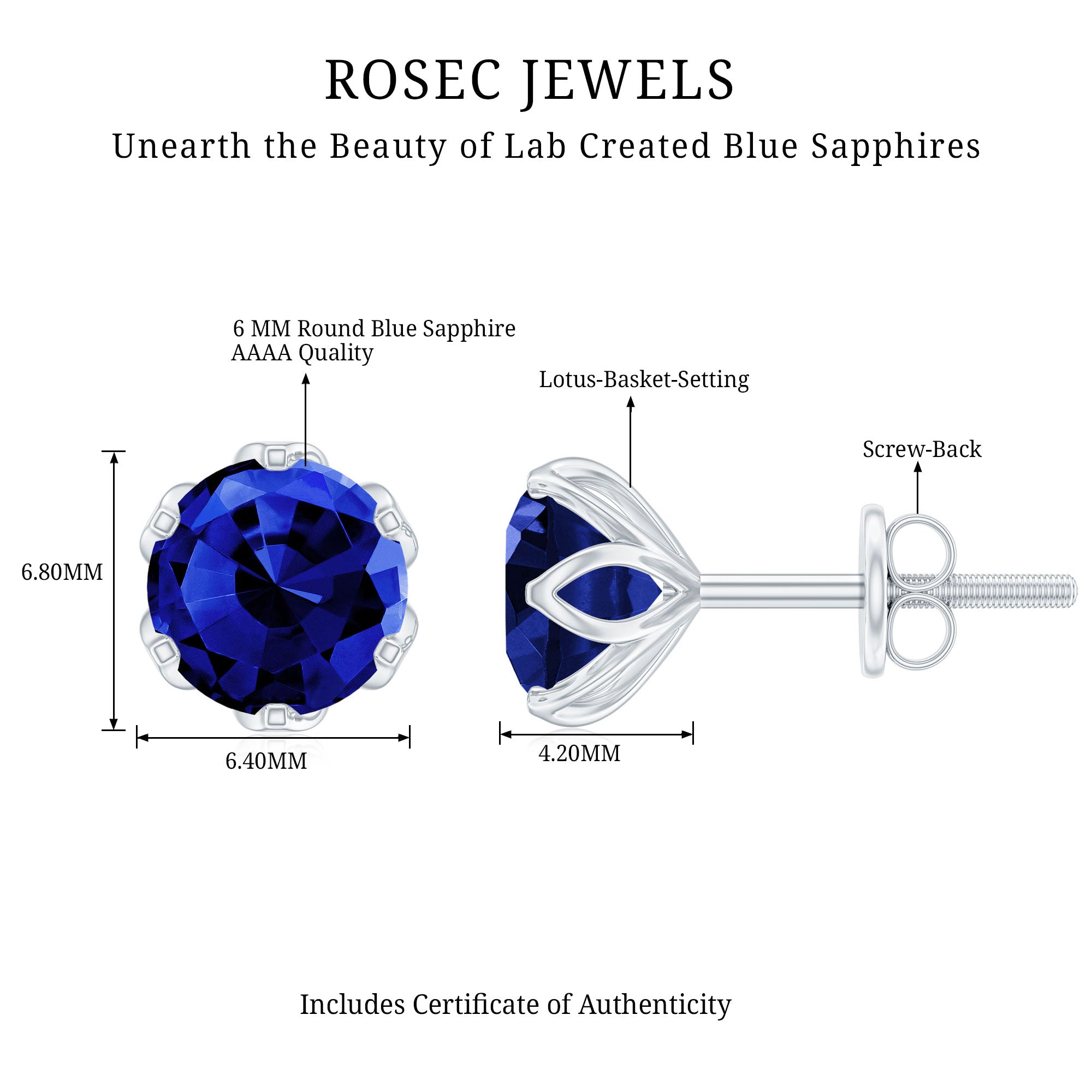 2 Carat Round Cut Lab Created Blue Sapphire Solitaire Stud Earrings AAAA - Rosec Jewels