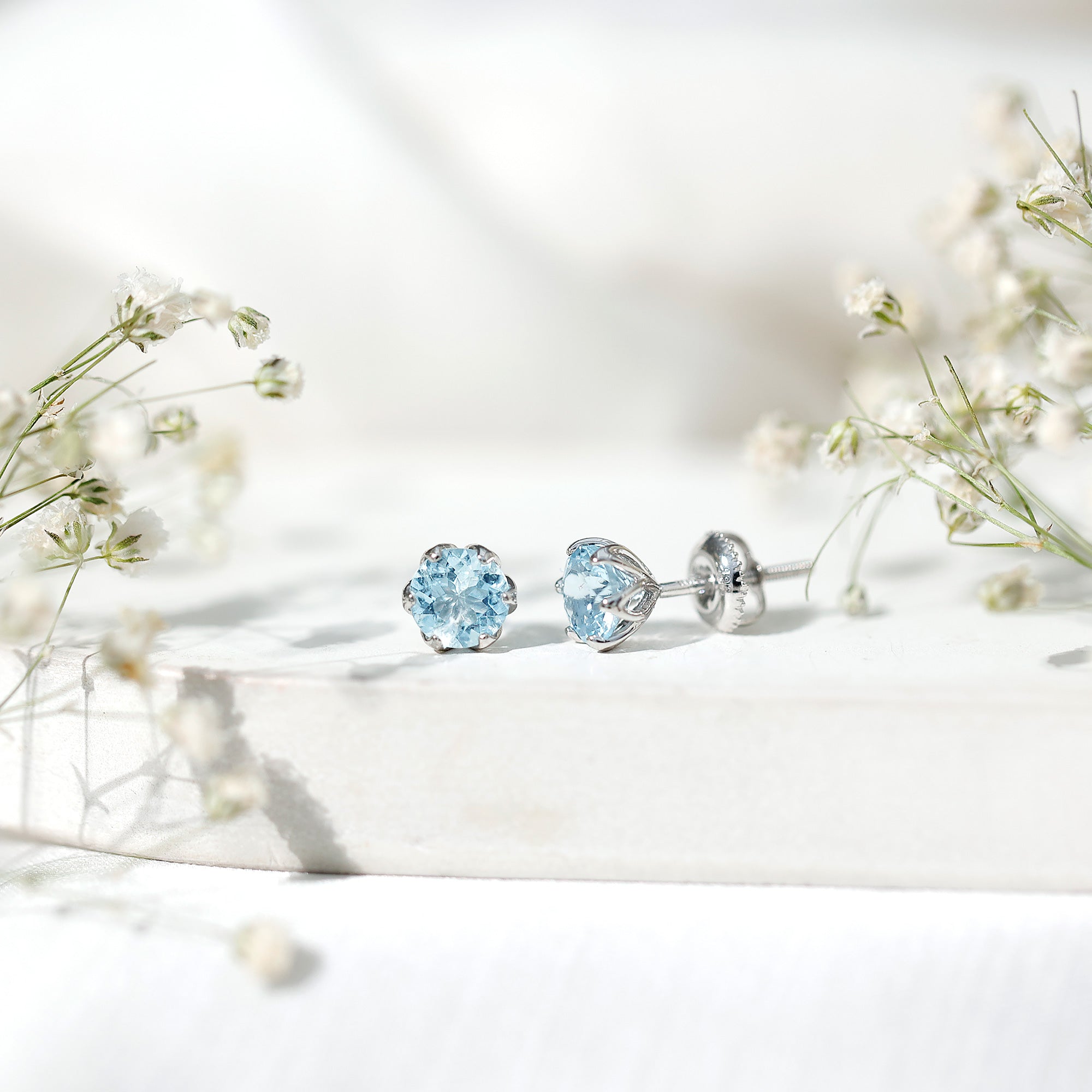 Lotus Basket Set Aquamarine Stud Earrings for Her AAA - Rosec Jewels