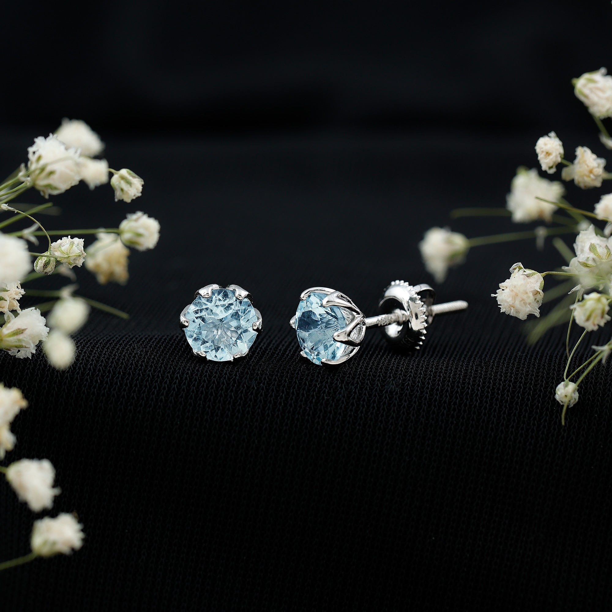 Lotus Basket Set Aquamarine Stud Earrings for Her AAA - Rosec Jewels