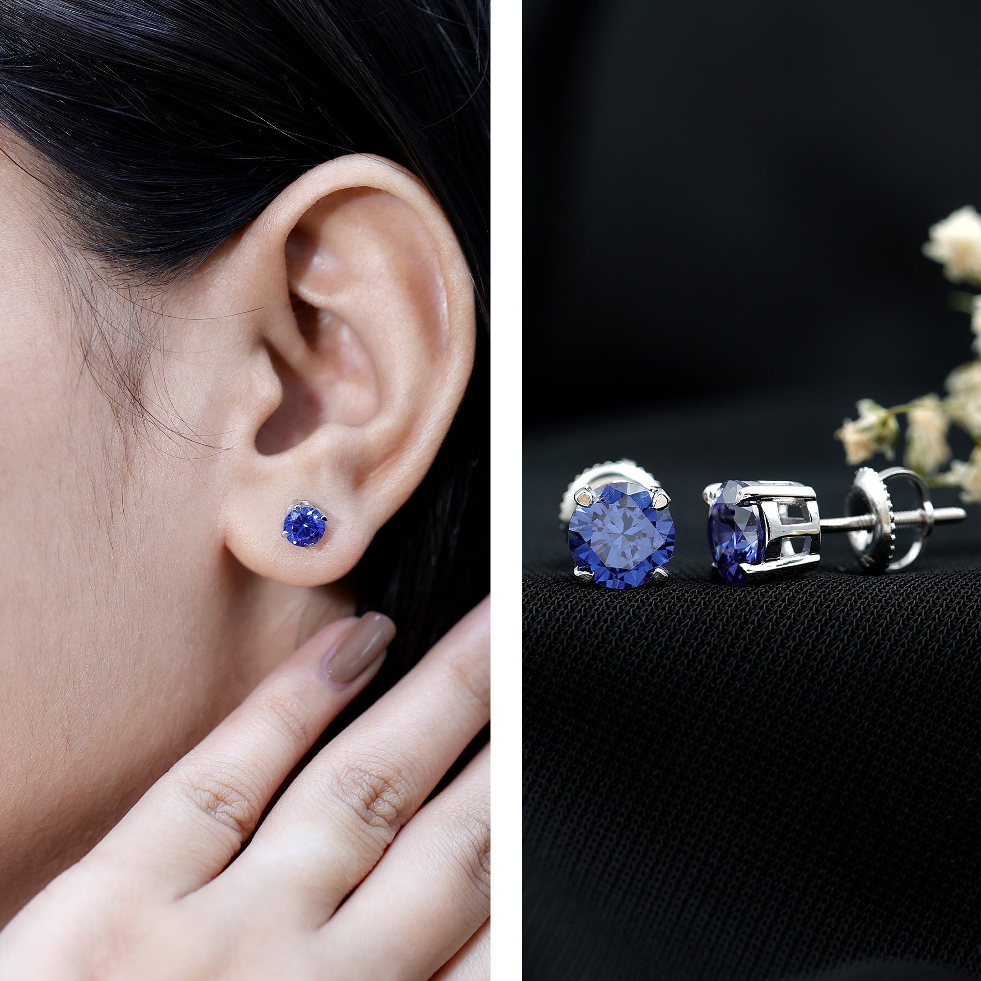 Certified Lab Created Blue Sapphire Stud Earrings in Claw Setting AAAA - Rosec Jewels