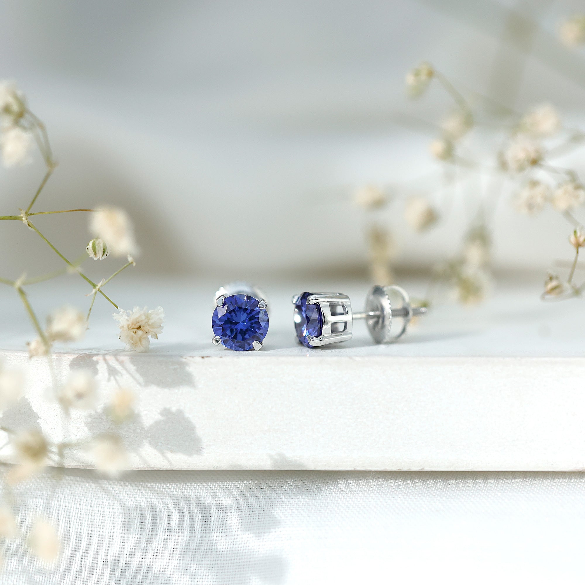 Certified Lab Created Blue Sapphire Stud Earrings in Claw Setting AAAA - Rosec Jewels