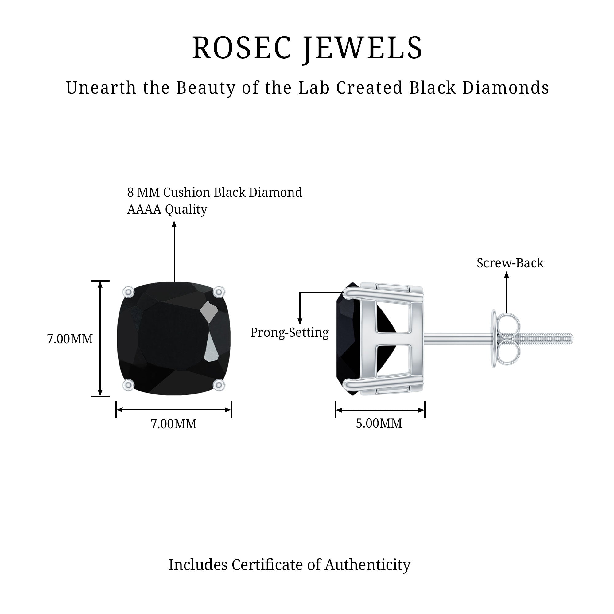 8MM Cushion Cut Created Black Diamond Stud Earrings AAAA ( Synthetic ) - Rosec Jewels