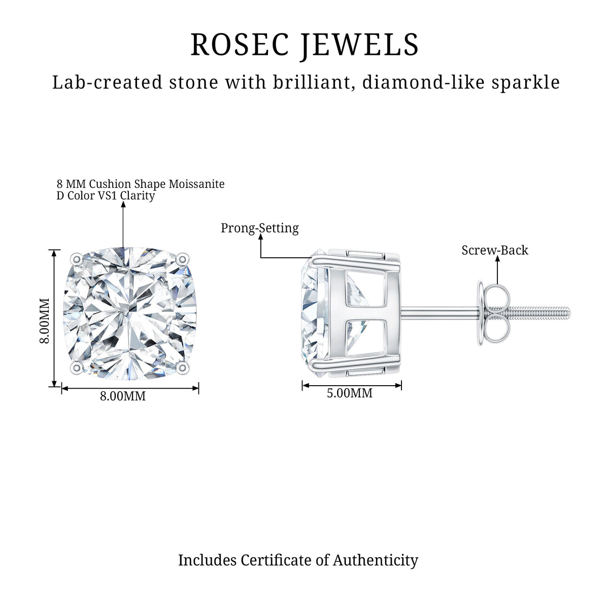 Certified 6.3 Carat Cushion Cut Moissanite Stud Earrings D-VS1 - Rosec Jewels