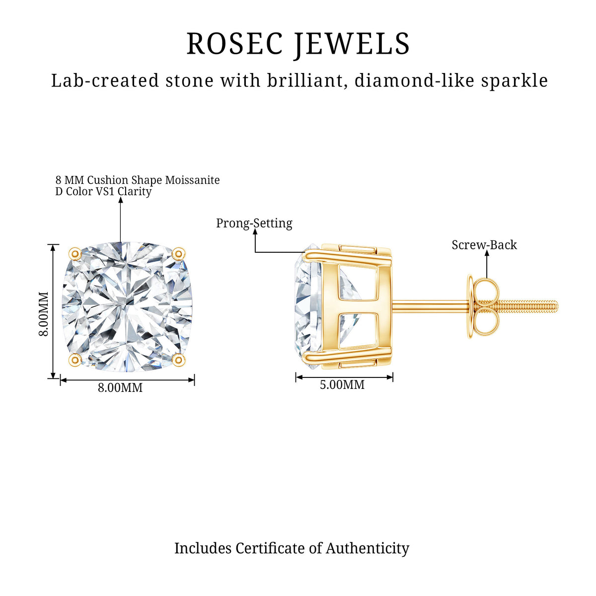 Certified 6.3 Carat Cushion Cut Moissanite Stud Earrings D-VS1 - Rosec Jewels
