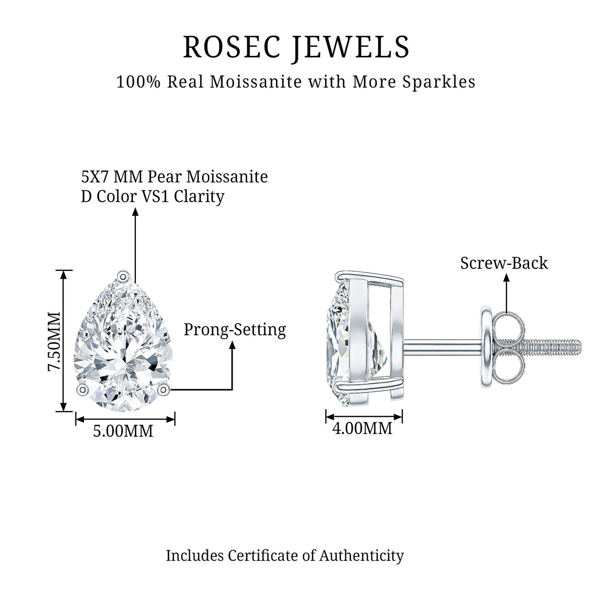 1.5 Carat Pear Cut Moissanite Teardrop Stud Earrings D-VS1 - Rosec Jewels