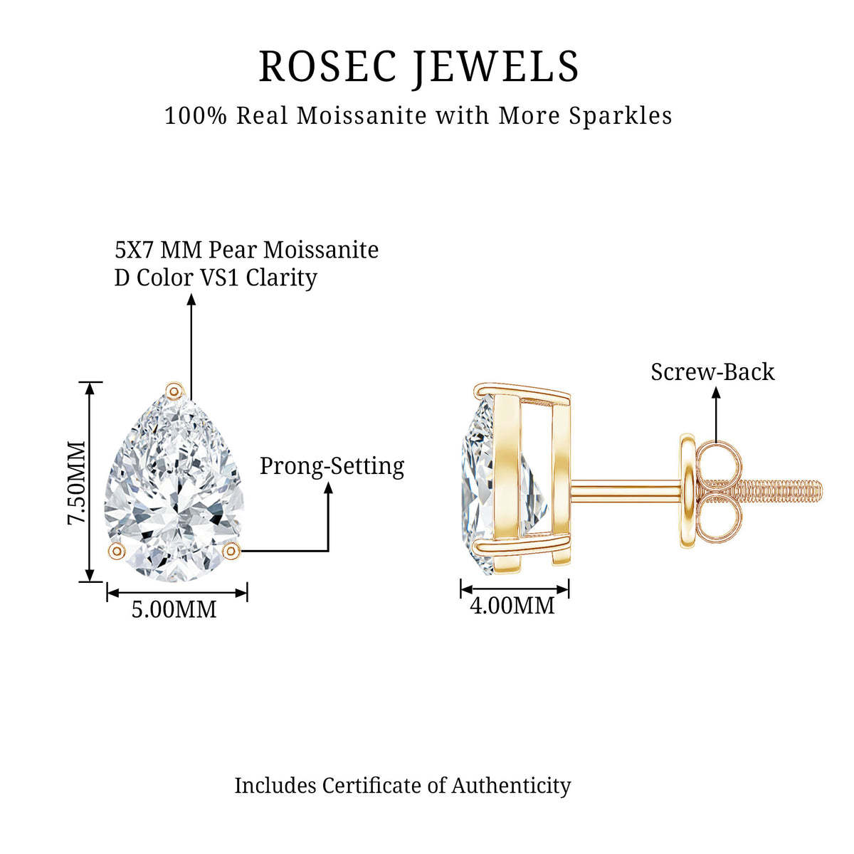 1.5 Carat Pear Cut Moissanite Teardrop Stud Earrings D-VS1 - Rosec Jewels