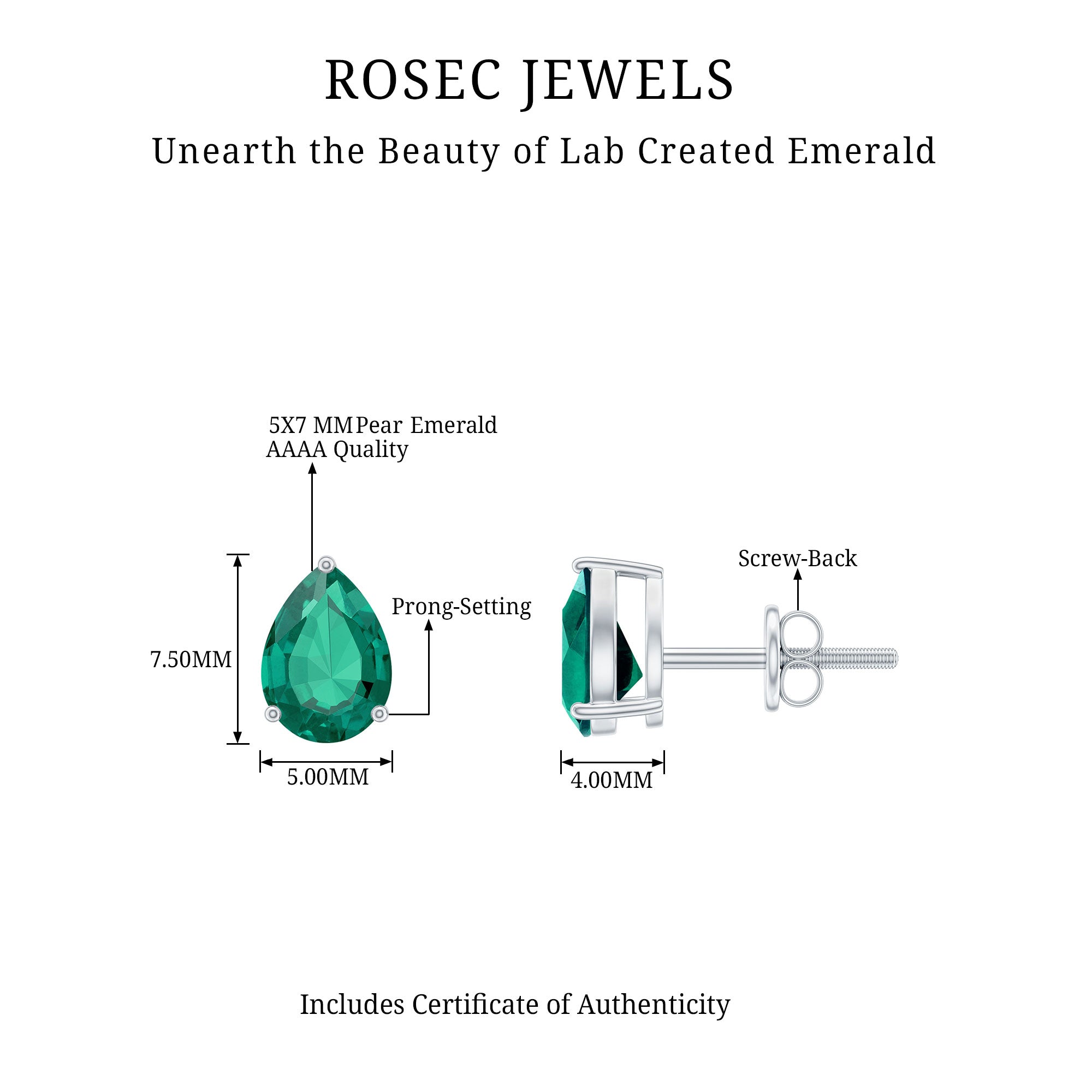 Pear Cut Lab Grown Emerald Teardrop Earrings in 3 Prong Setting AAAA - Rosec Jewels