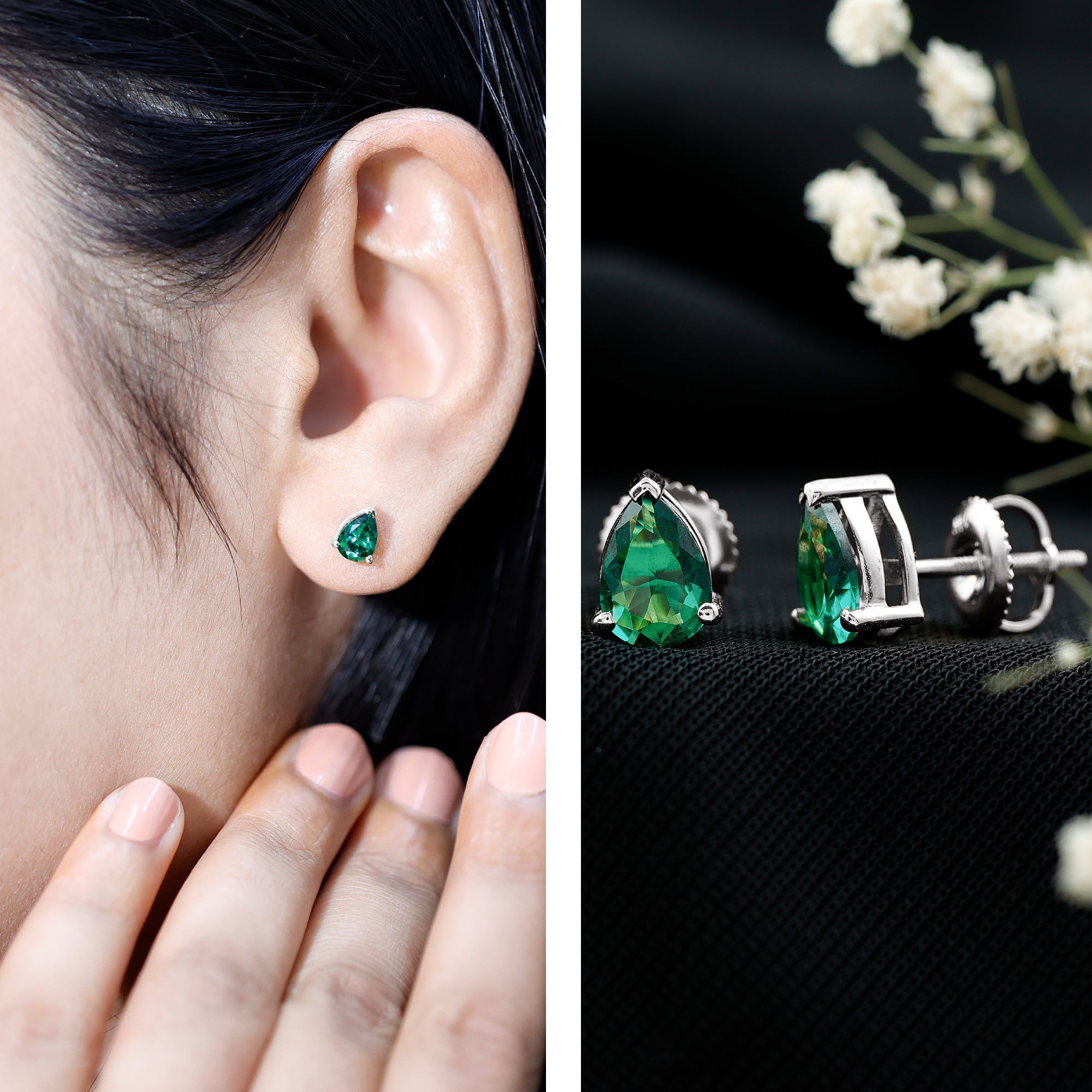 Pear Cut Lab Grown Emerald Teardrop Earrings in 3 Prong Setting AAAA - Rosec Jewels
