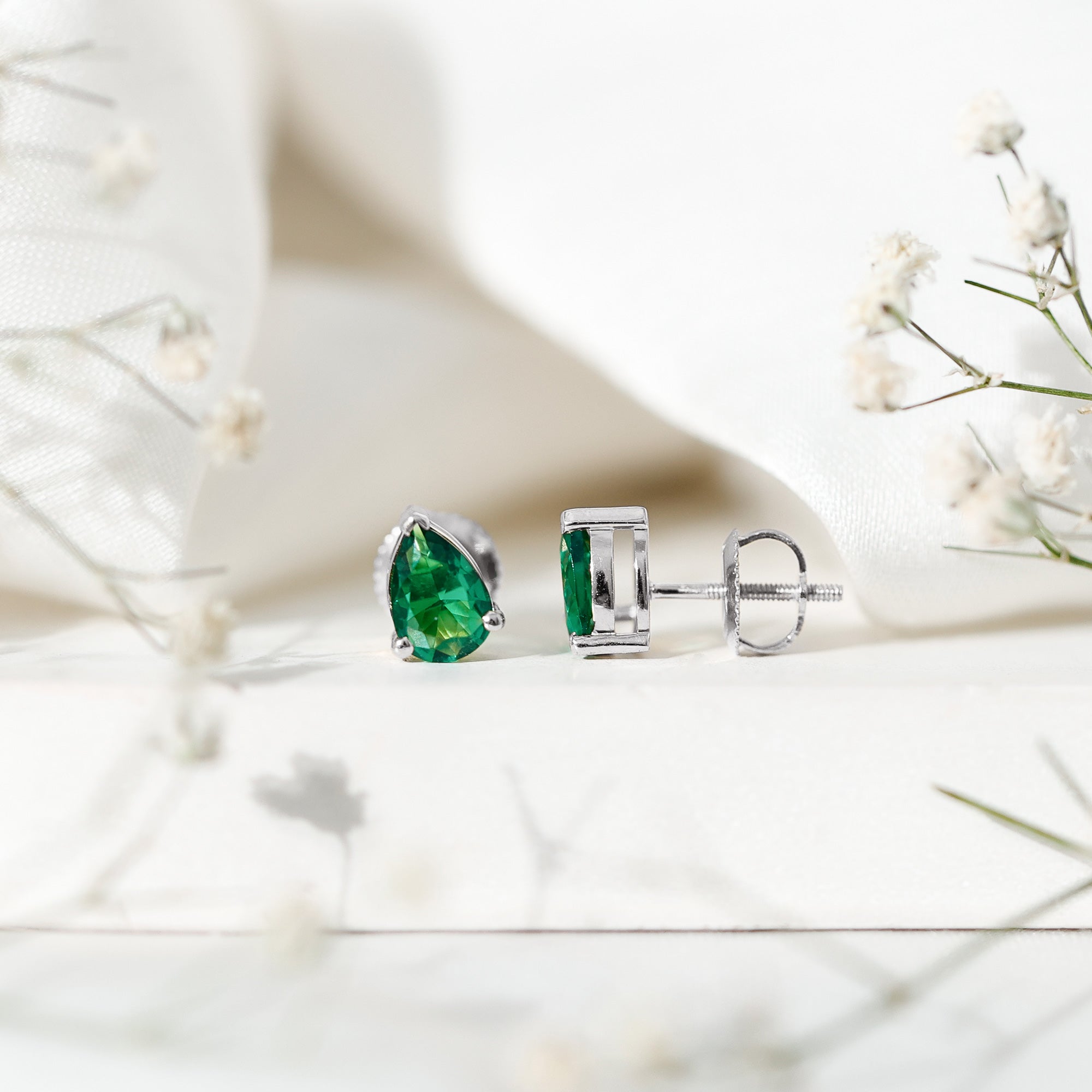 Pear Cut Lab Grown Emerald Teardrop Earrings in 3 Prong Setting AAAA - Rosec Jewels