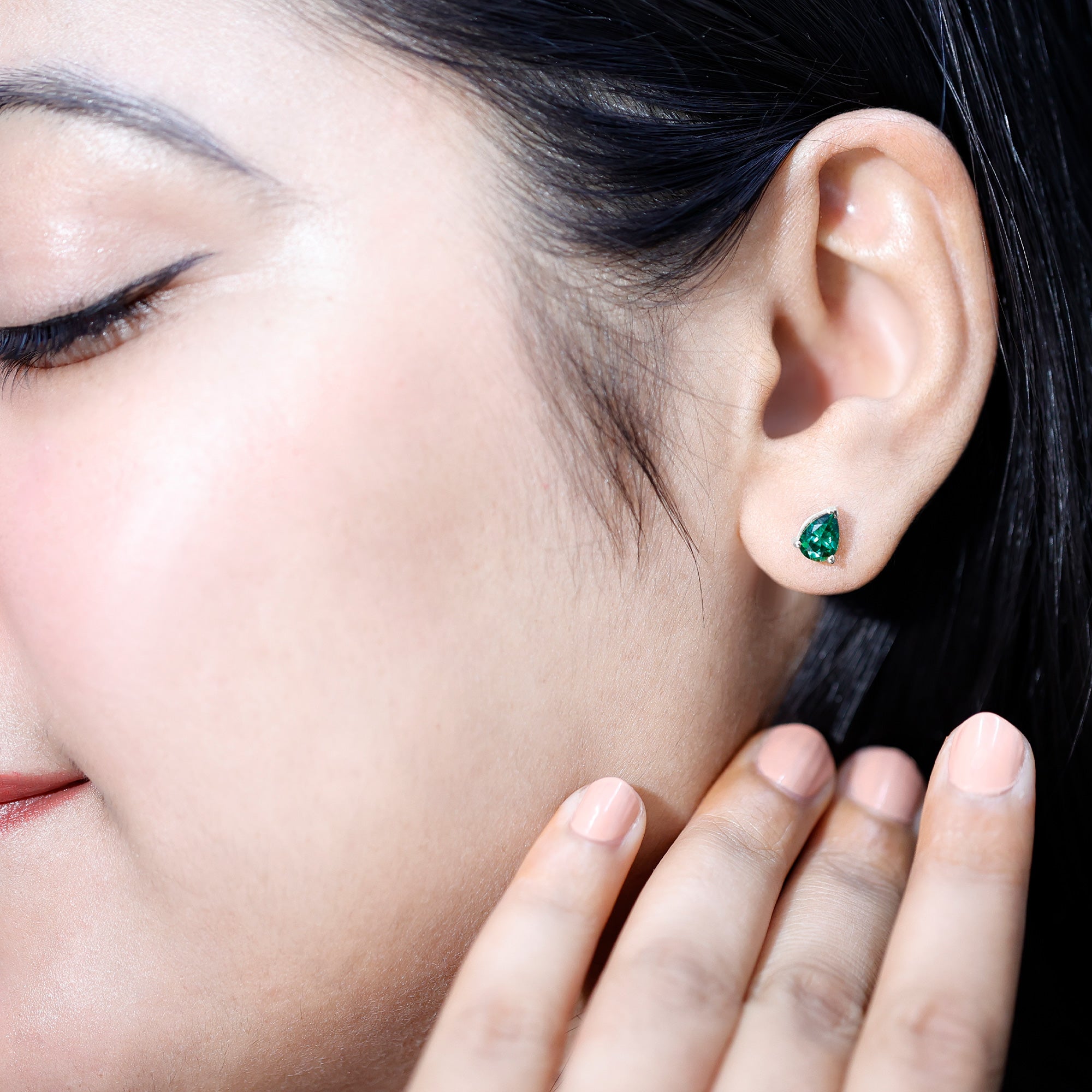 Pear Cut Lab Grown Emerald Teardrop Earrings in 3 Prong Setting AAAA - Rosec Jewels