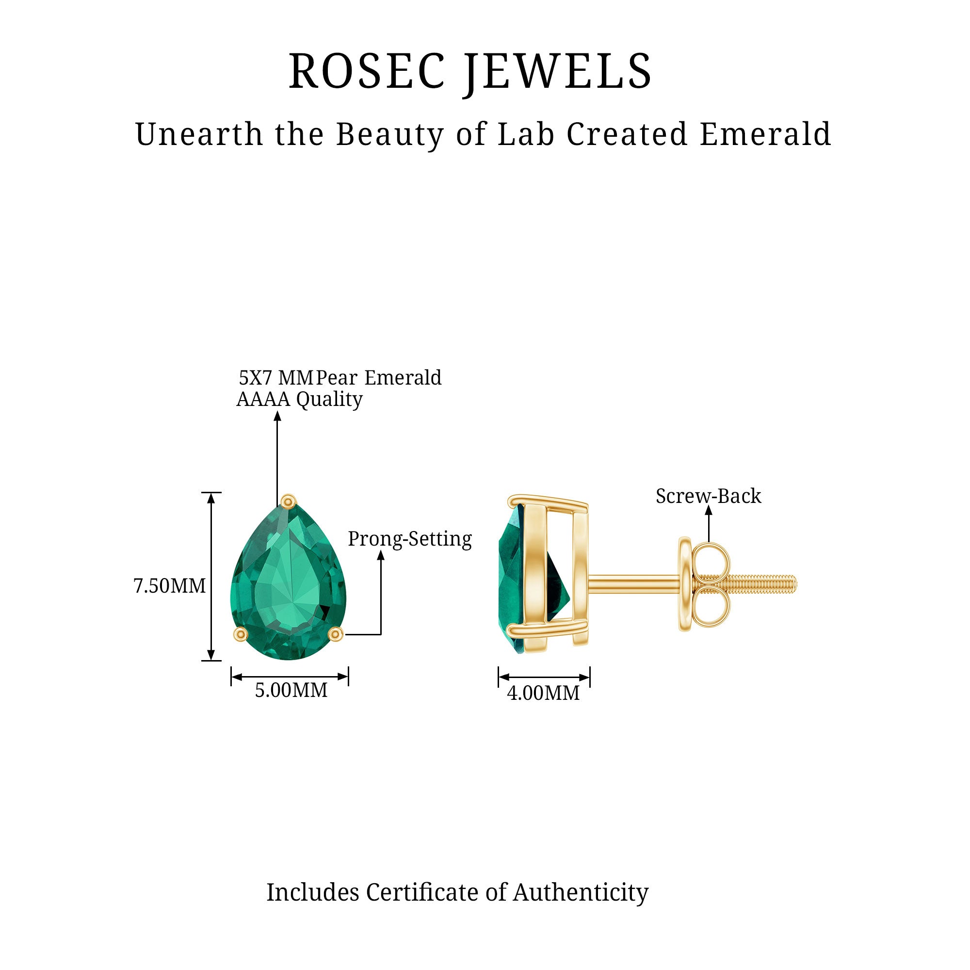 Pear Cut Lab Grown Emerald Teardrop Earrings in 3 Prong Setting AAAA - Rosec Jewels