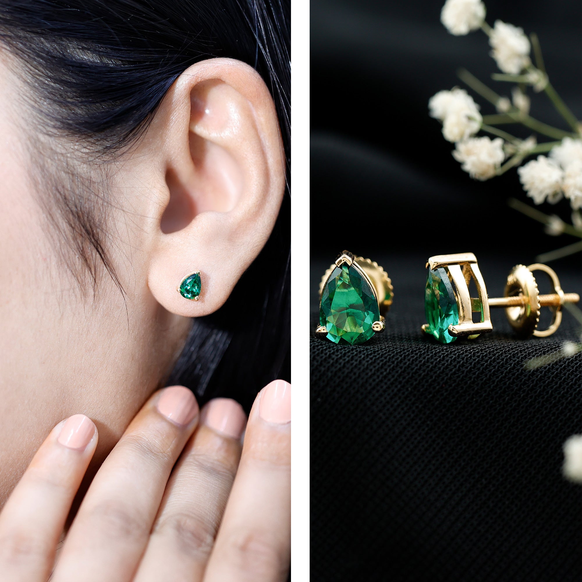 Pear Cut Lab Grown Emerald Teardrop Earrings in 3 Prong Setting AAAA - Rosec Jewels