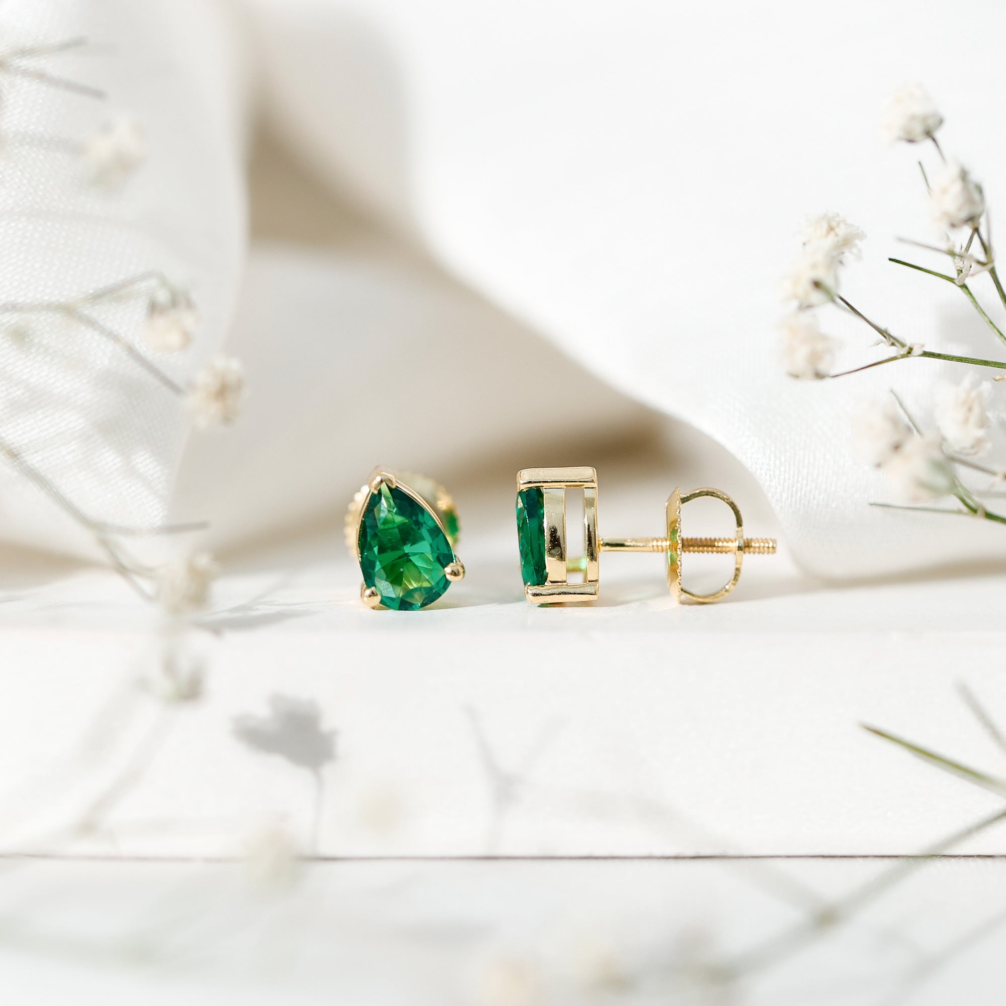Pear Cut Lab Grown Emerald Teardrop Earrings in 3 Prong Setting AAAA - Rosec Jewels