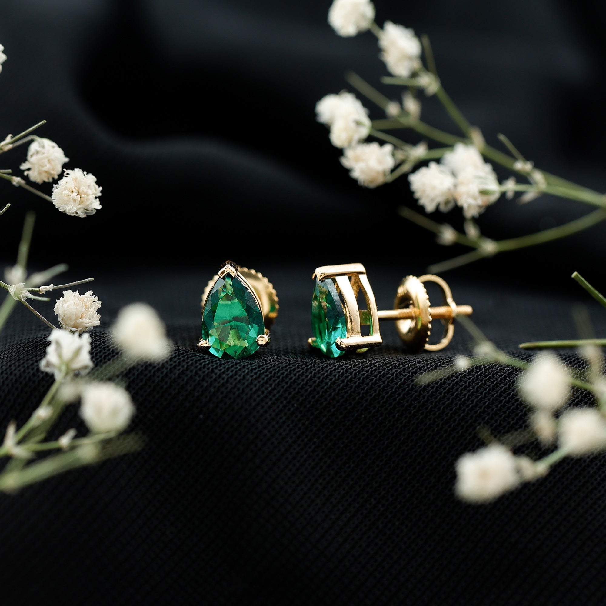 Pear Cut Lab Grown Emerald Teardrop Earrings in 3 Prong Setting AAAA - Rosec Jewels