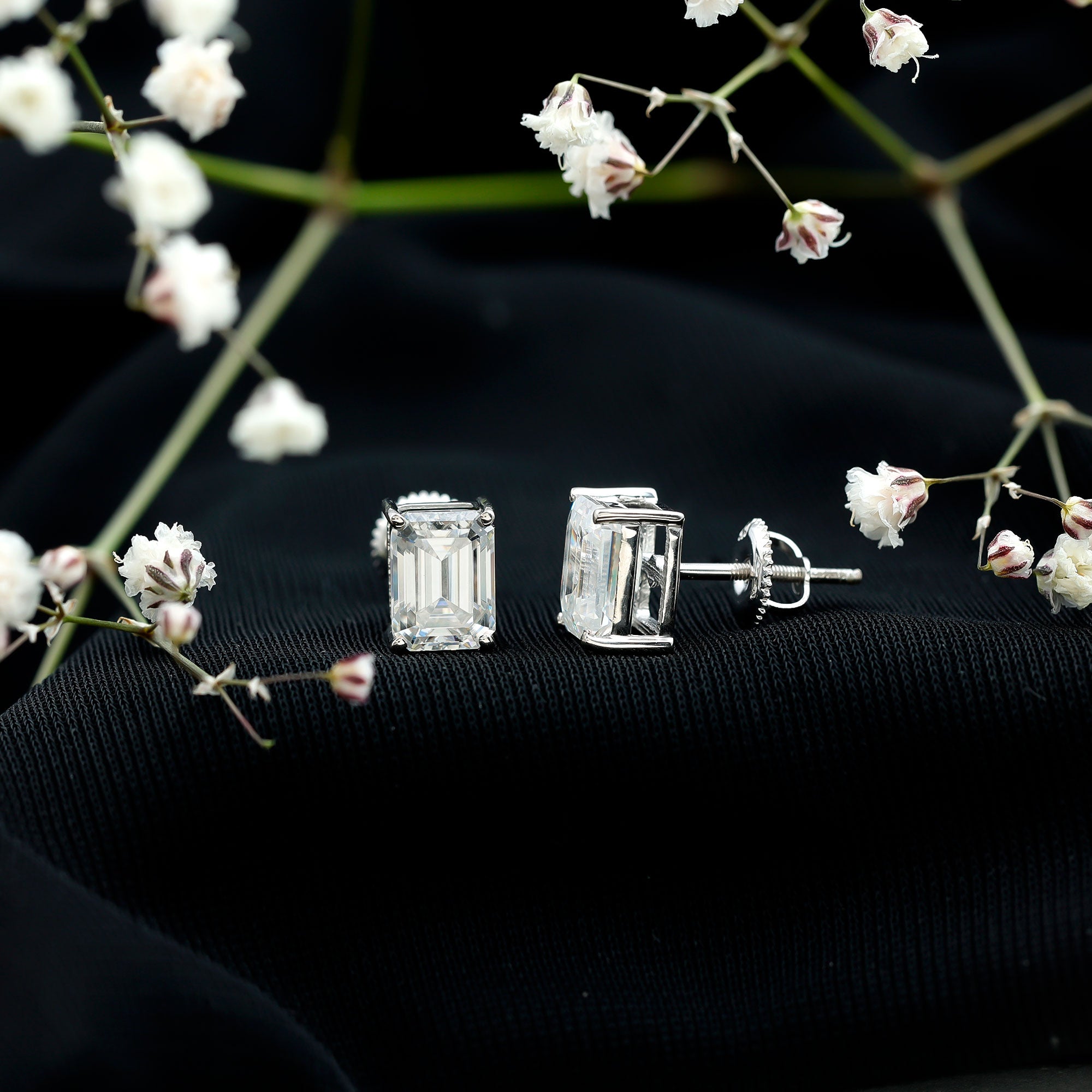 Certified Moissanite Emerald Cut Stud Earrings For Women D-VS1 - Rosec Jewels