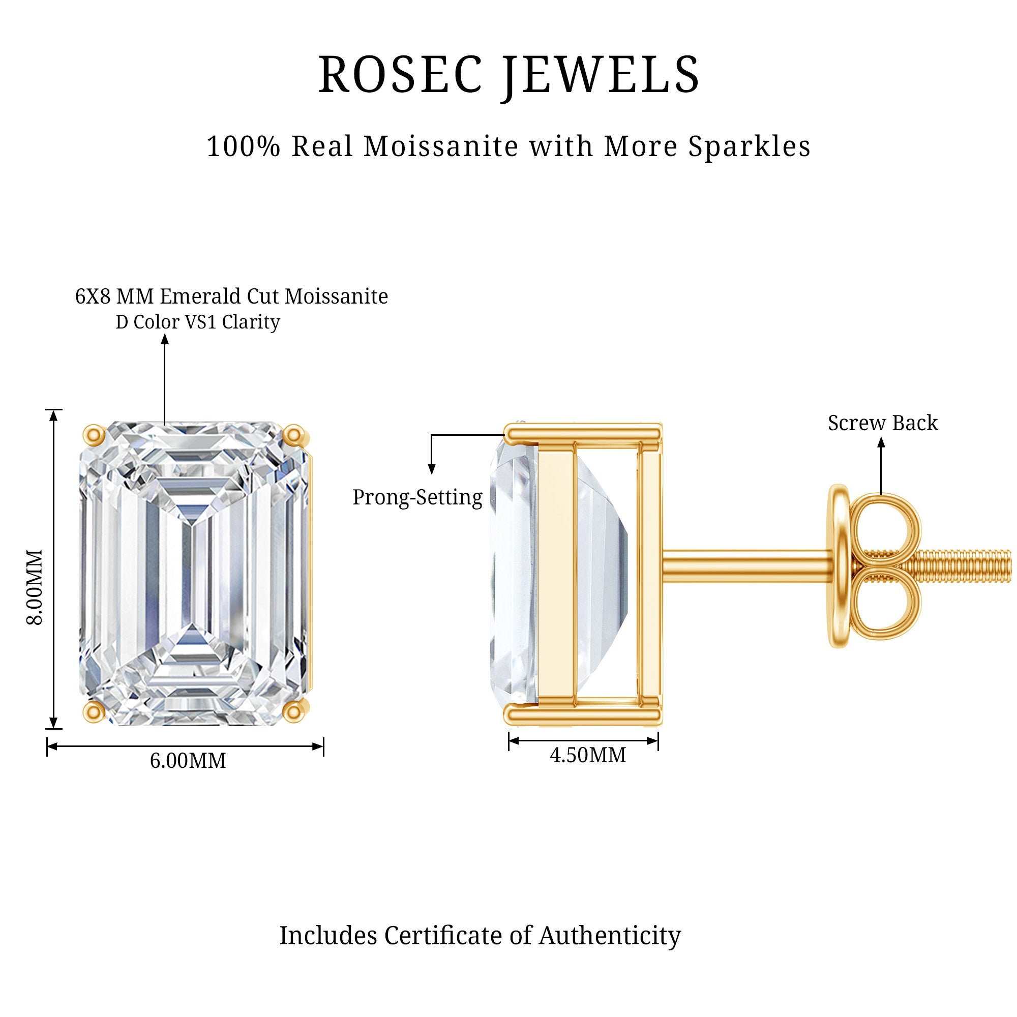 Certified Moissanite Emerald Cut Stud Earrings For Women D-VS1 - Rosec Jewels