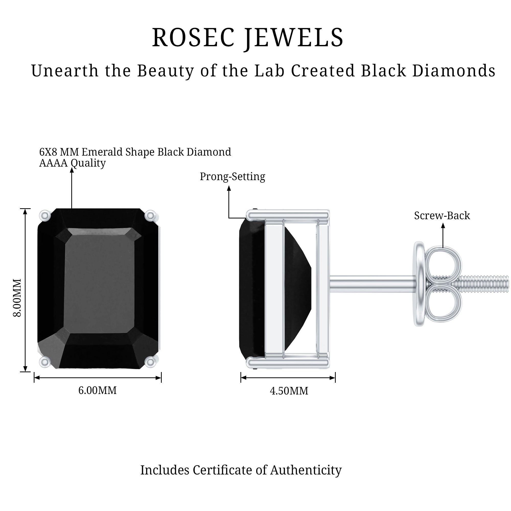 3.36 Carat Lab Created Black Diamond Emerald Cut Stud Earrings AAAA ( Synthetic ) - Rosec Jewels