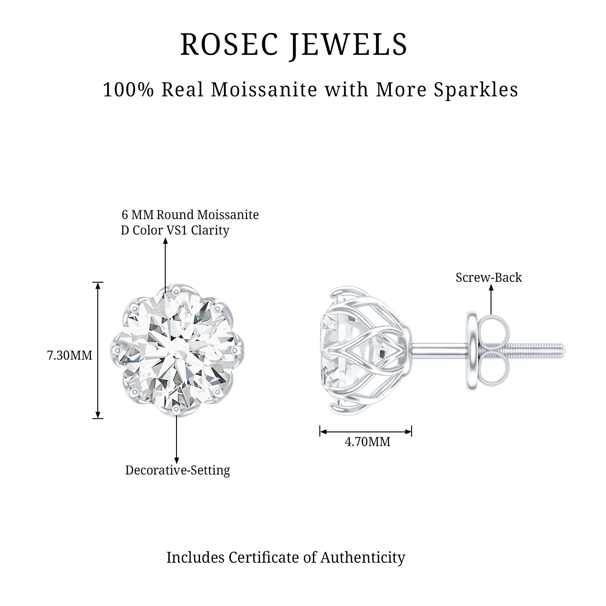 Brilliant Cut 1.90 Carat Moissanite Stud Earrings in Decorative Setting D-VS1 92.5 Sterling Silver - Rosec Jewels