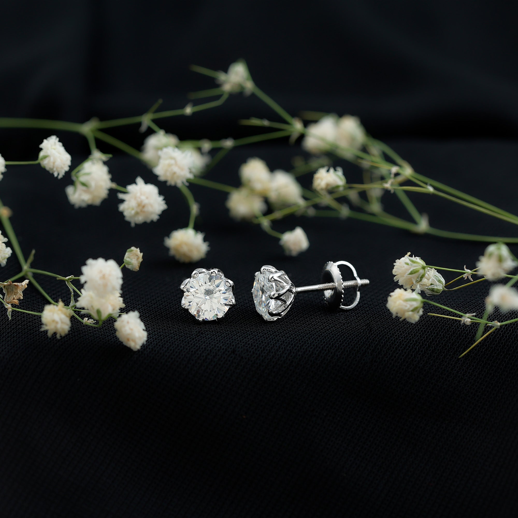 Brilliant Cut 1.90 Carat Moissanite Stud Earrings in Decorative Setting D-VS1 92.5 Sterling Silver - Rosec Jewels
