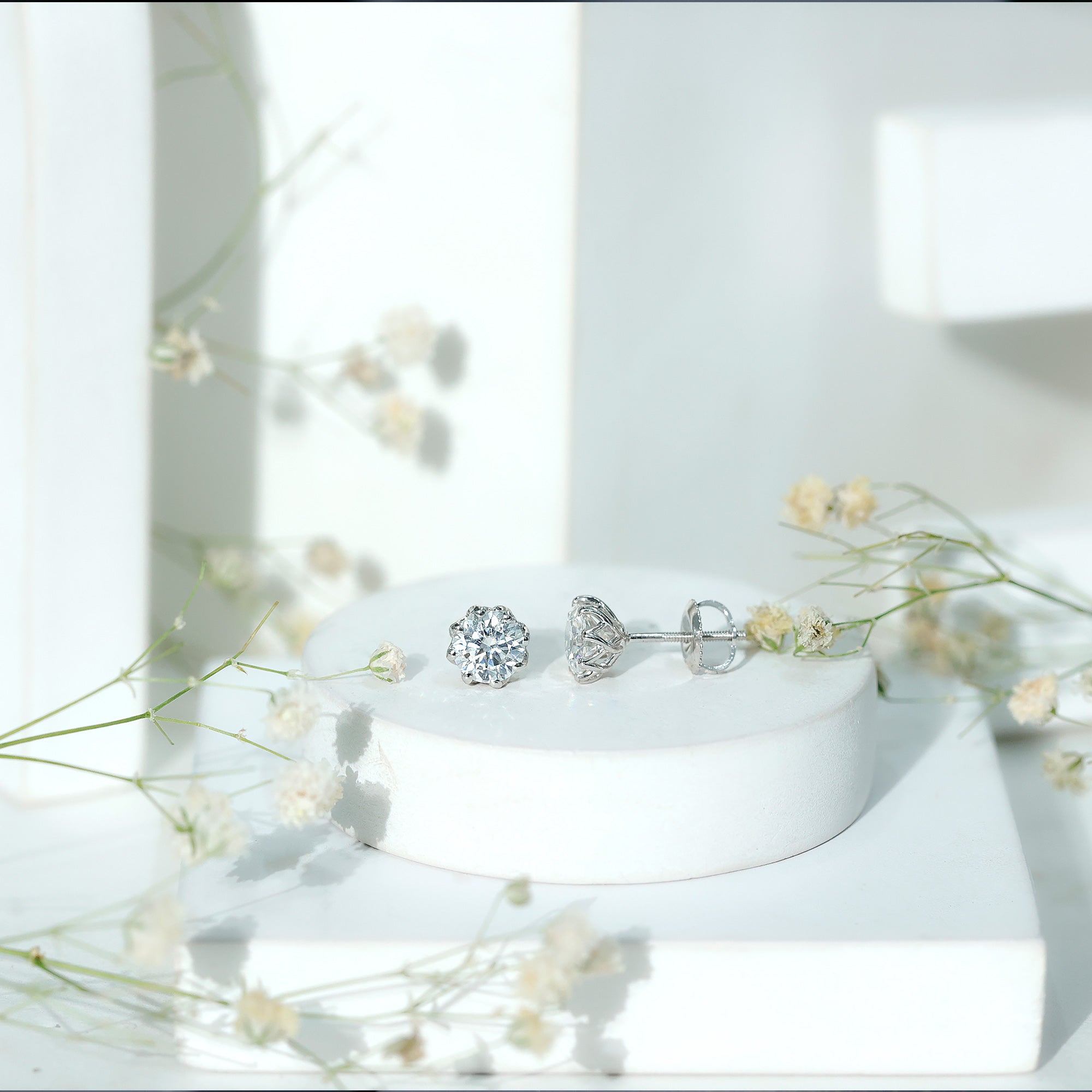 Brilliant Cut 1.90 Carat Moissanite Stud Earrings in Decorative Setting D-VS1 92.5 Sterling Silver - Rosec Jewels