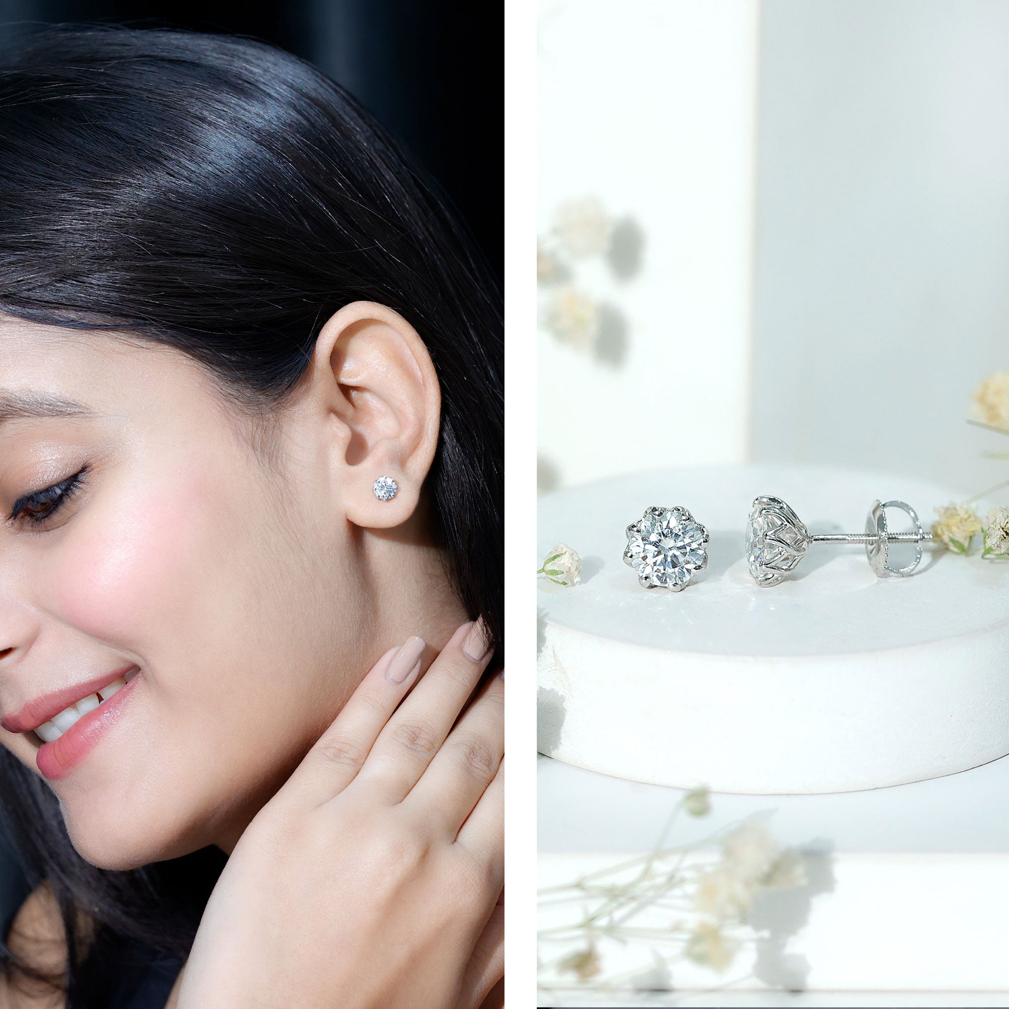 Brilliant Cut 1.90 Carat Moissanite Stud Earrings in Decorative Setting D-VS1 92.5 Sterling Silver - Rosec Jewels