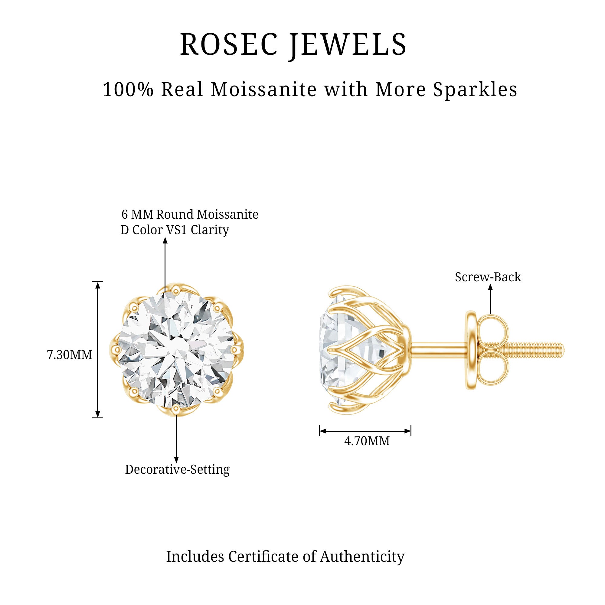 Certified Brilliant Cut 2 CT Moissanite Solitaire Stud Earrings D-VS1 - Rosec Jewels