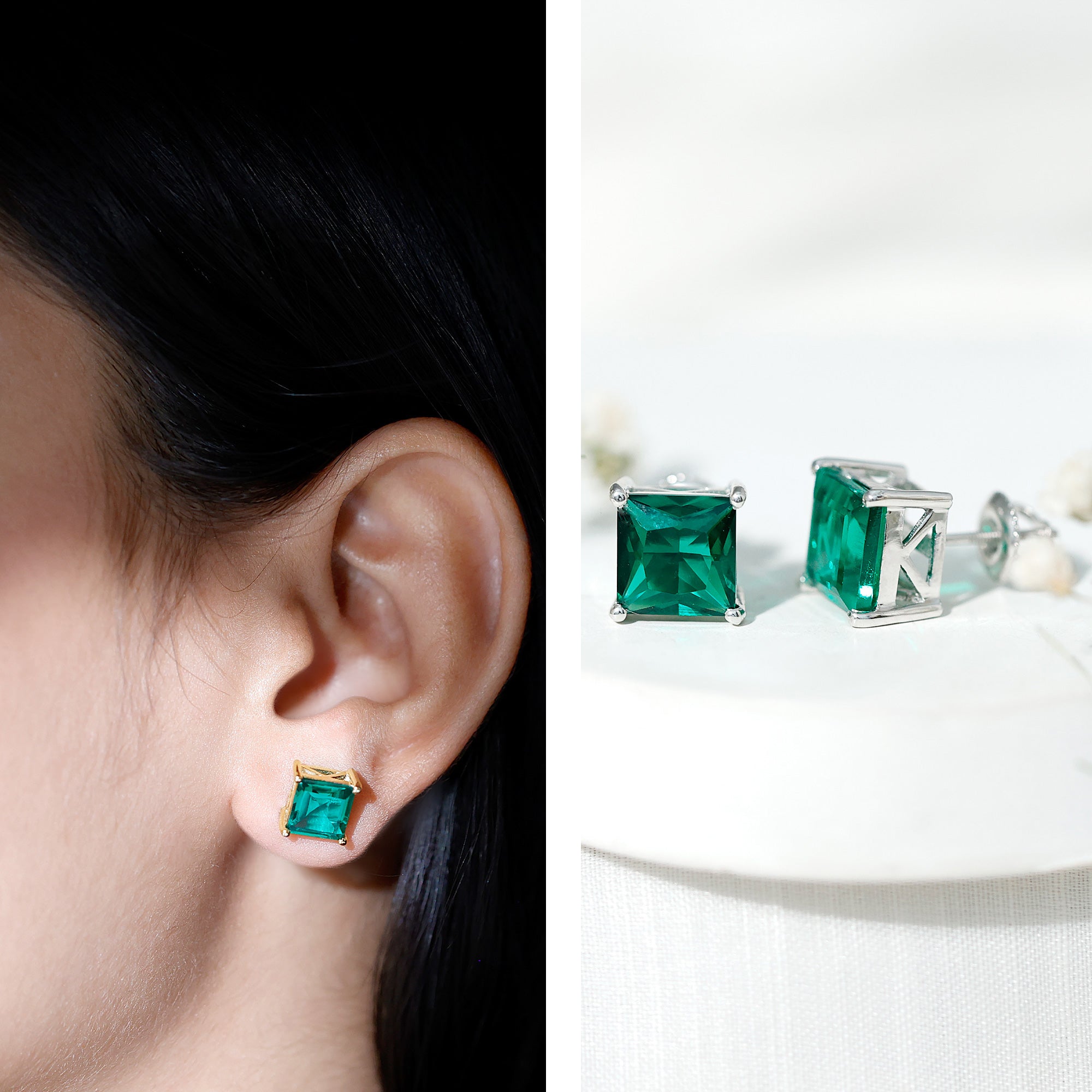 4 Carat Princess Cut Lab Grown Emerald Solitaire Stud Earrings AAAA - Rosec Jewels