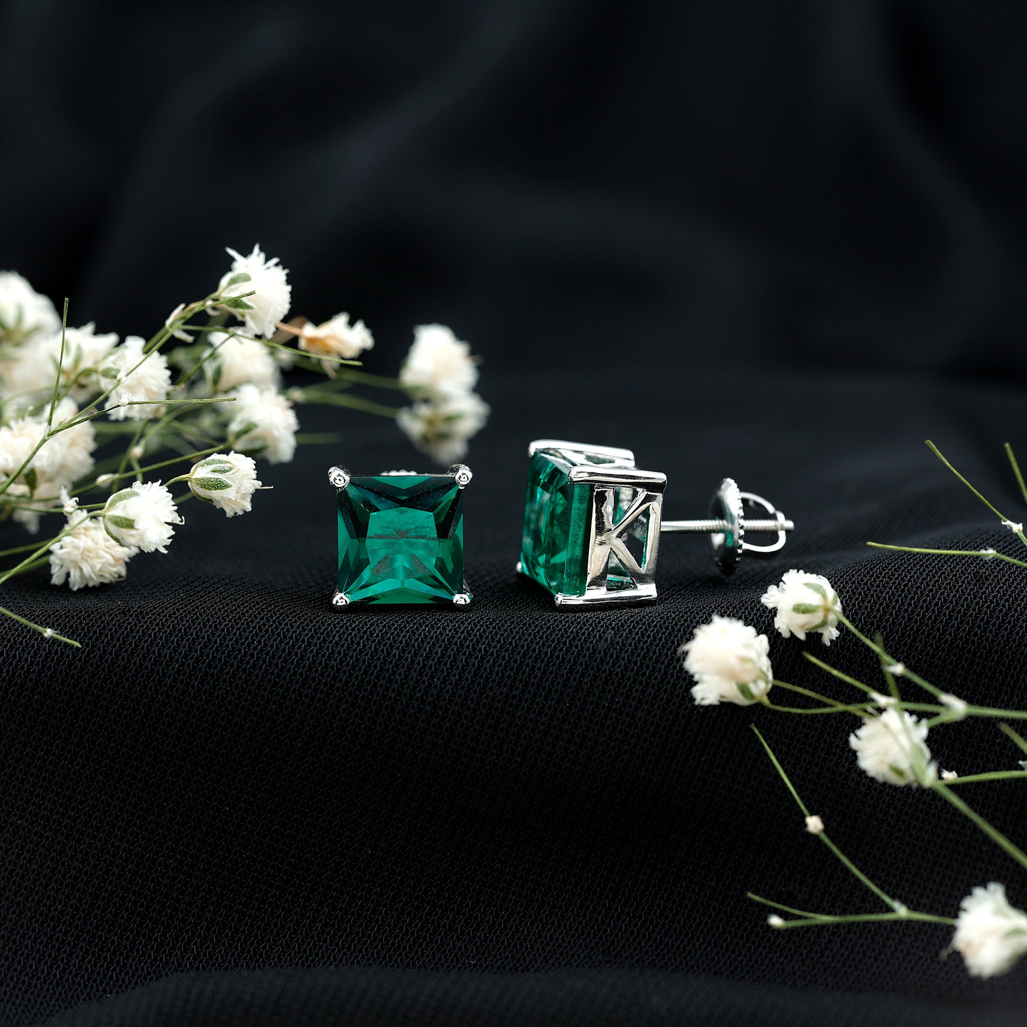 4 Carat Princess Cut Lab Grown Emerald Solitaire Stud Earrings AAAA - Rosec Jewels
