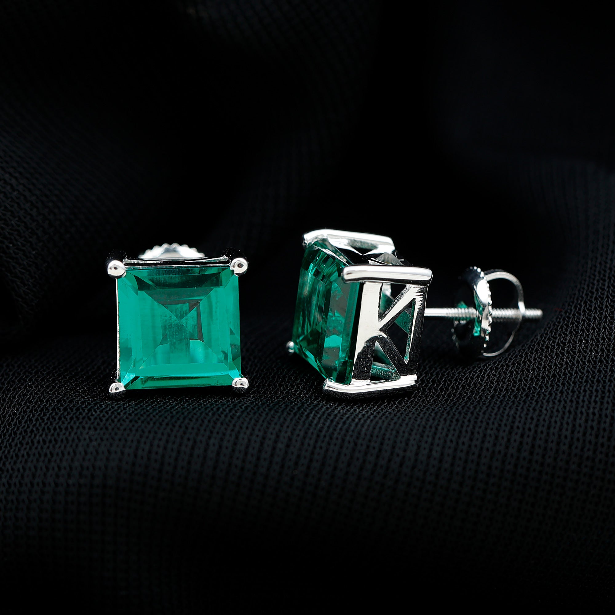 4 Carat Princess Cut Lab Grown Emerald Solitaire Stud Earrings AAAA - Rosec Jewels