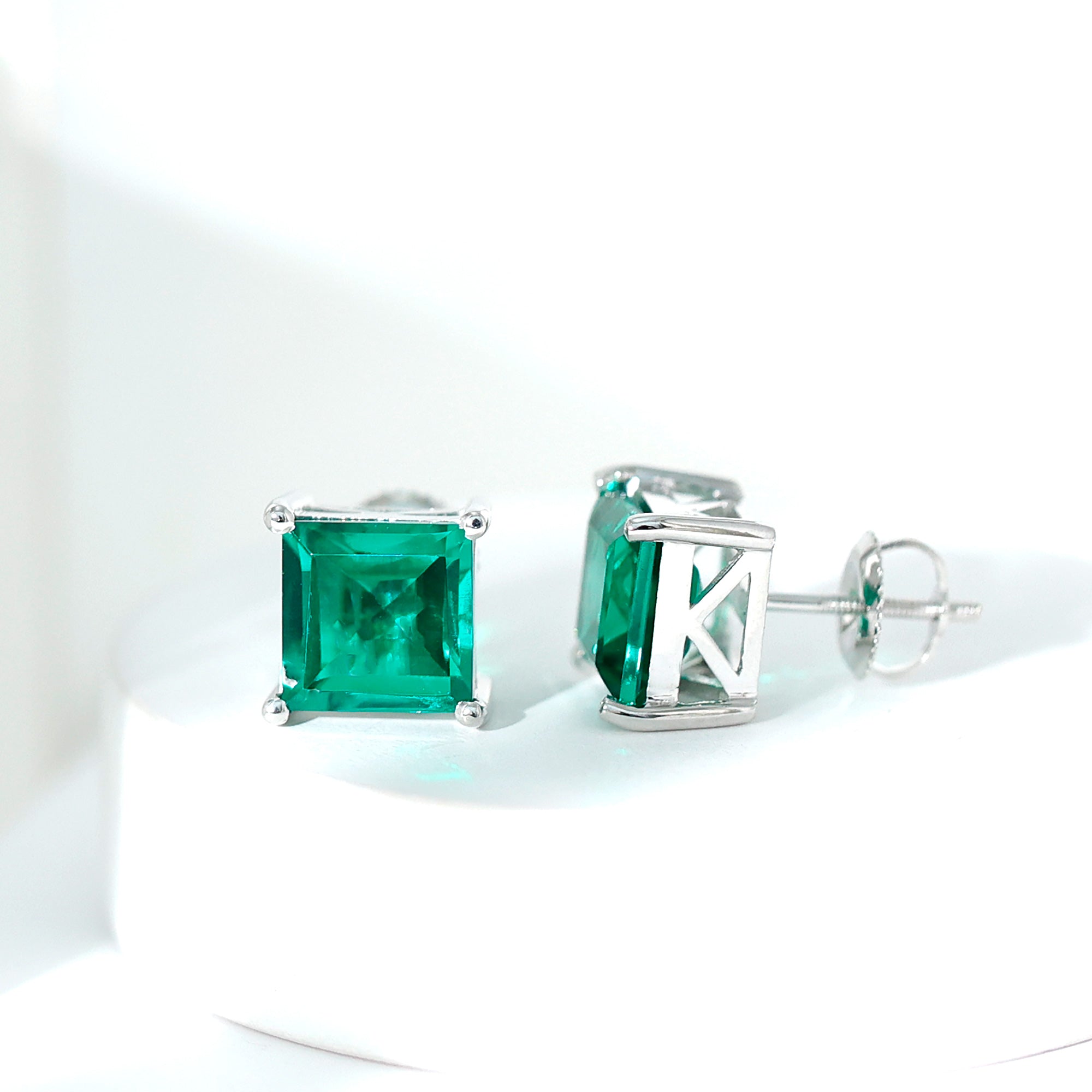 4 Carat Princess Cut Lab Grown Emerald Solitaire Stud Earrings AAAA - Rosec Jewels